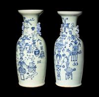 A Pair of Chinese Celadon Ground Blue and White Porcelain Vases