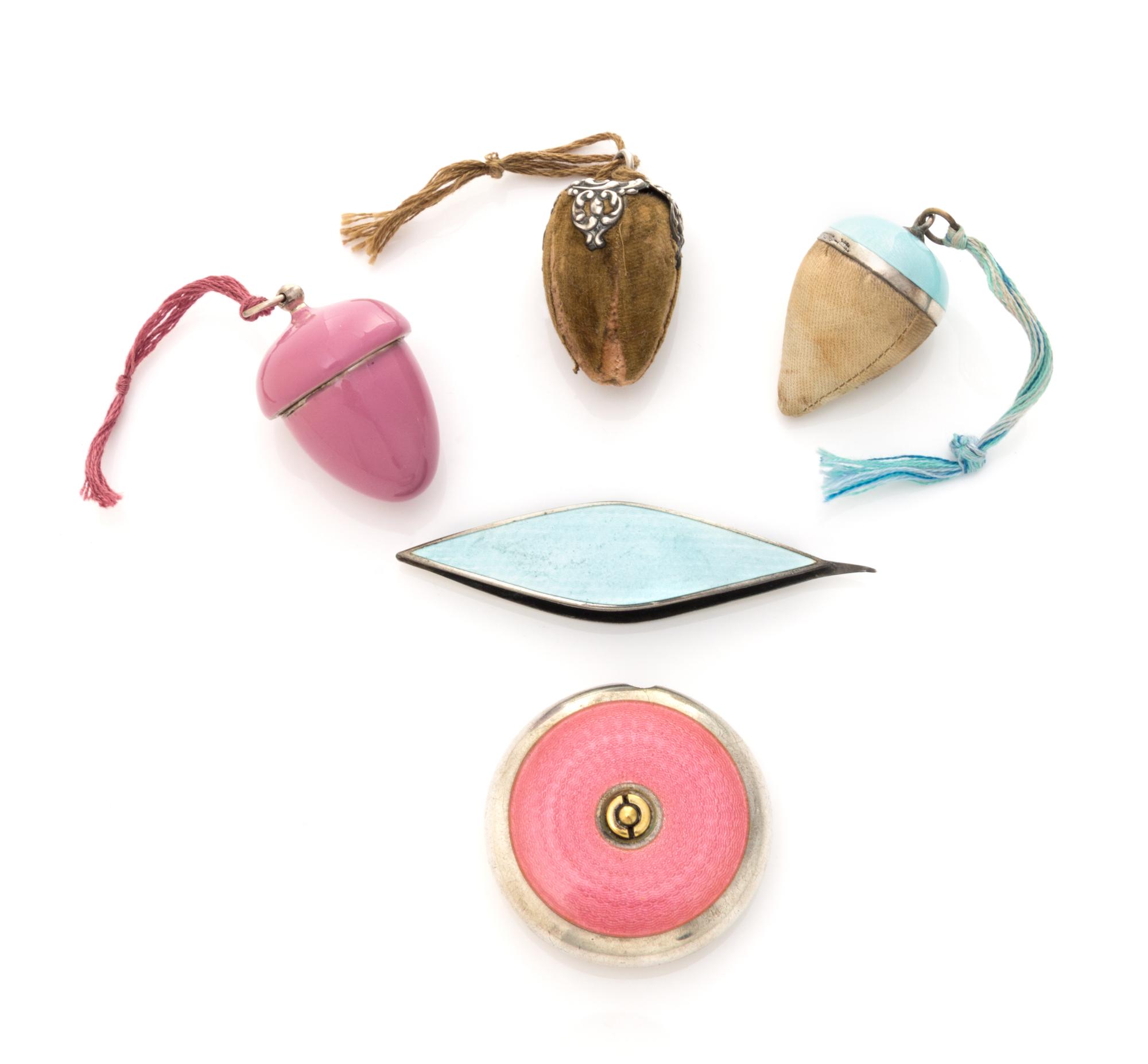 A Group of American Enameled Silver Sewing Articles, Webster Company, North Attleboro, MA and others, comprising a pin cushion and thre