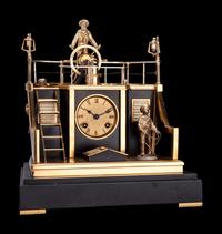 A French Gilt and Patinated Bronze and Marble Industrial Quarterdeck Automaton Clock, Andre Romain Guilmet