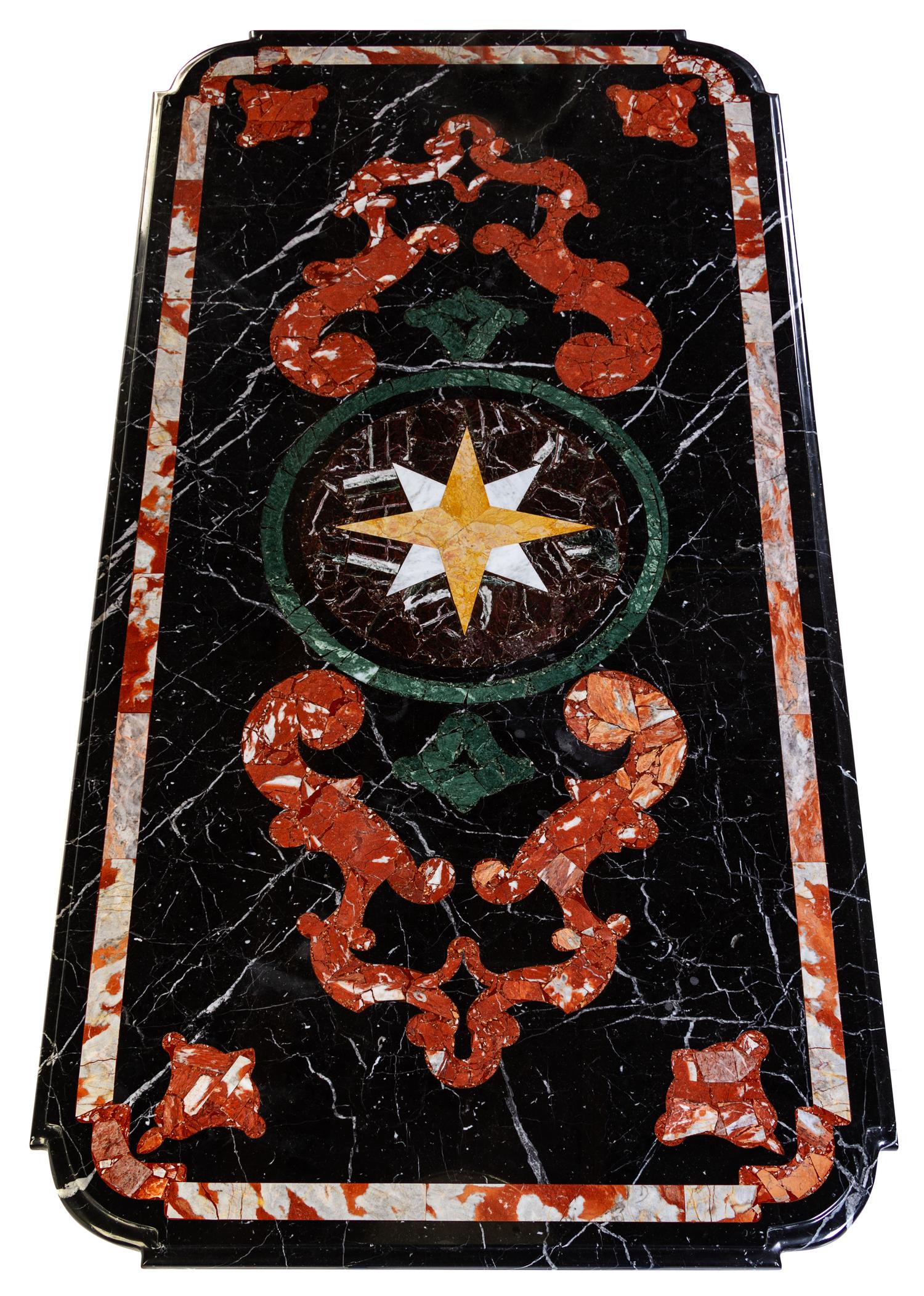 A Pietra Dura Table Top with a Wrought Iron Base Height 30 x width 70 inches. — 20TH CENTURY
