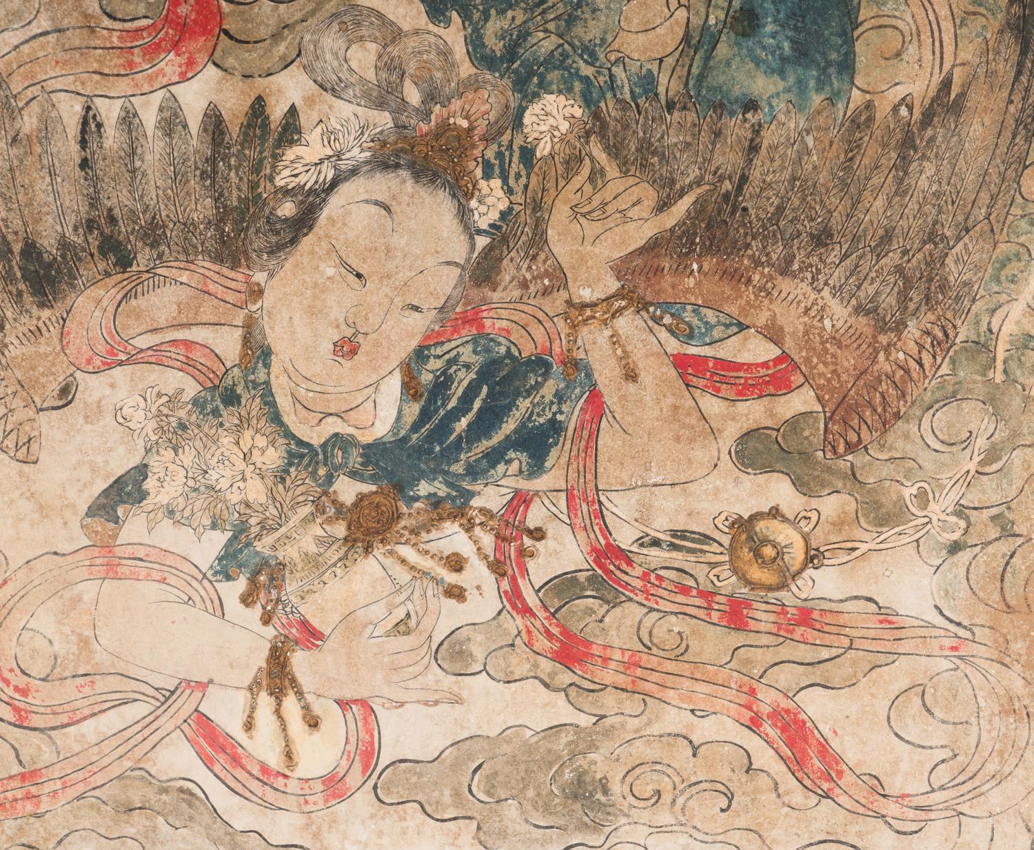 A Chinese Polychrome and Gilt Decorated Fragment of a Taoist Stucco Fresco, Possibly Yuan/Ming Dynasty 或為元/明 瀝粉貼金彩繪迦陵频伽壁畫
