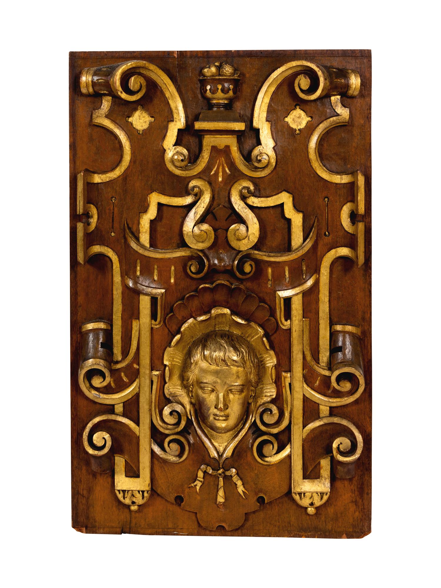 Six Italian Carved Walnut and Parcel Gilt Panels