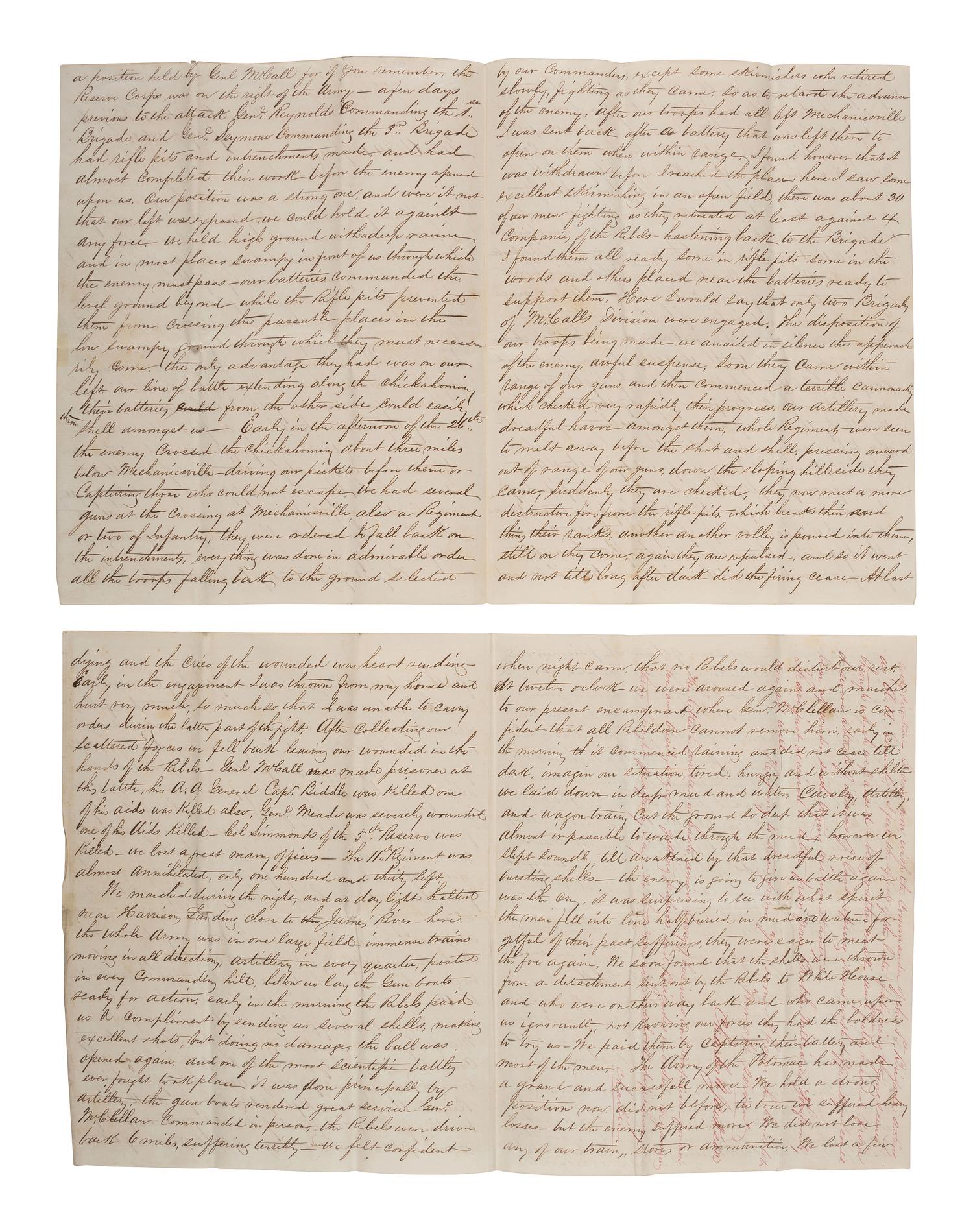 [CIVIL WAR]. JACKSON, AAAG Charles N. (1840-1866). A detailed 12pp letter describing the Seven Days' Battles written by an officer of the Pennsylvania Reserves, which sustained heavy losses during the engagements.