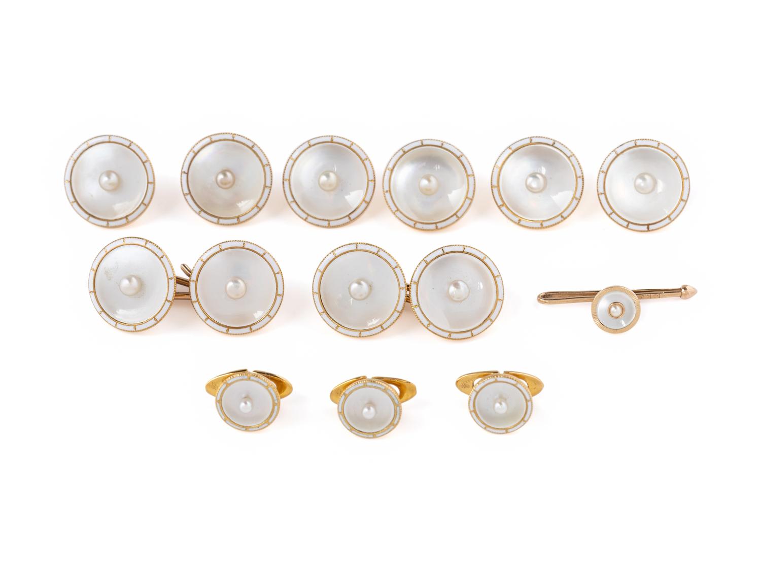 MOTHER-OF-PEARL, ENAMEL AND SEED PEARL DRESS SET