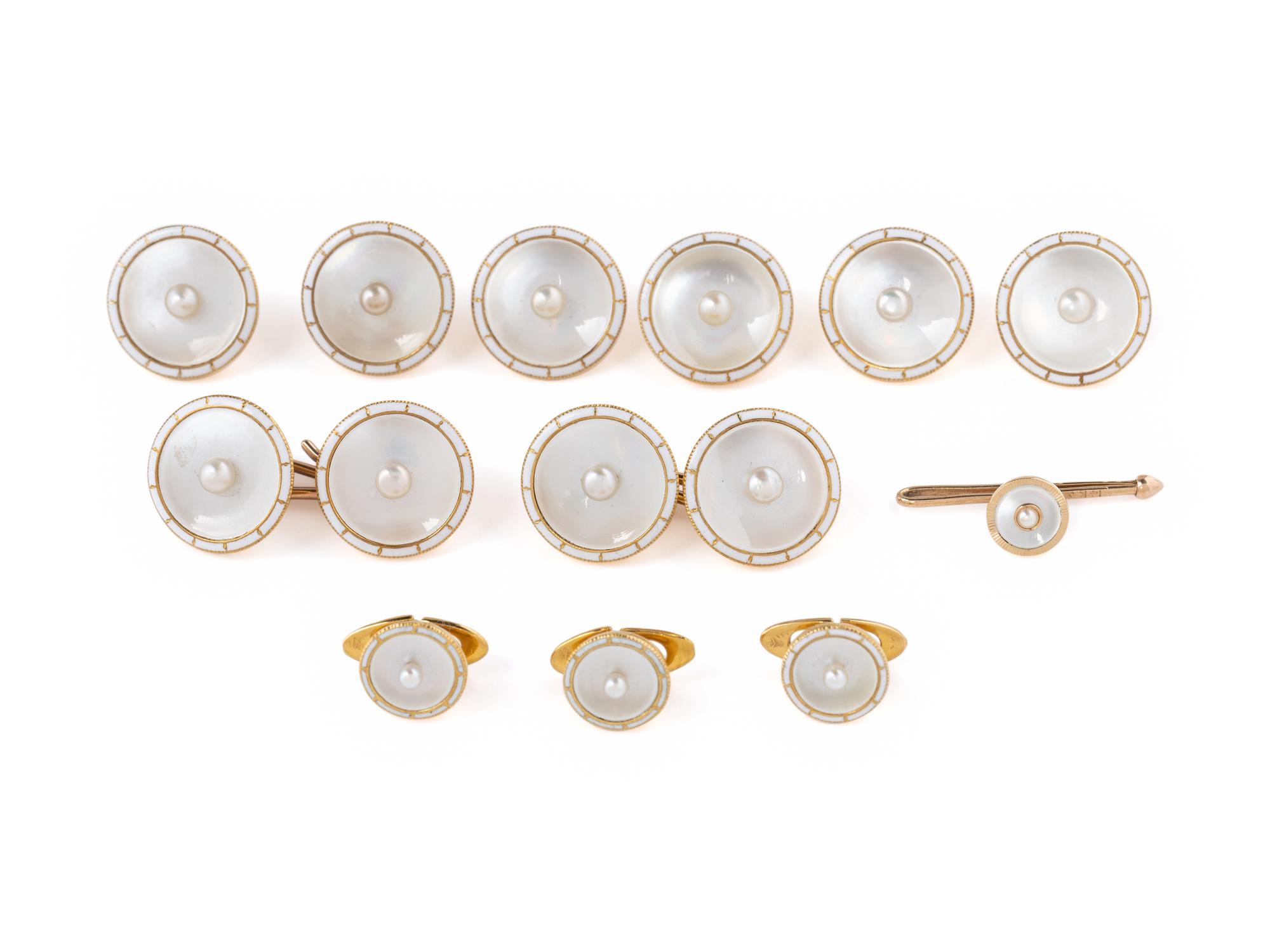 MOTHER-OF-PEARL, ENAMEL AND SEED PEARL DRESS SET