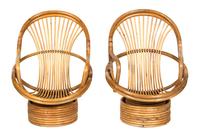A Pair of Barrel-Back Rattan Armchairs on Swivel Bases Height 40 inches. — 20TH CENTURY
