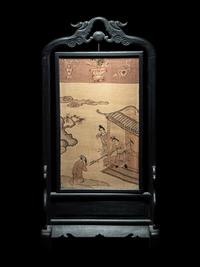 A Chinese Kesi Woven Silk Inset Hardwood Table Screen
