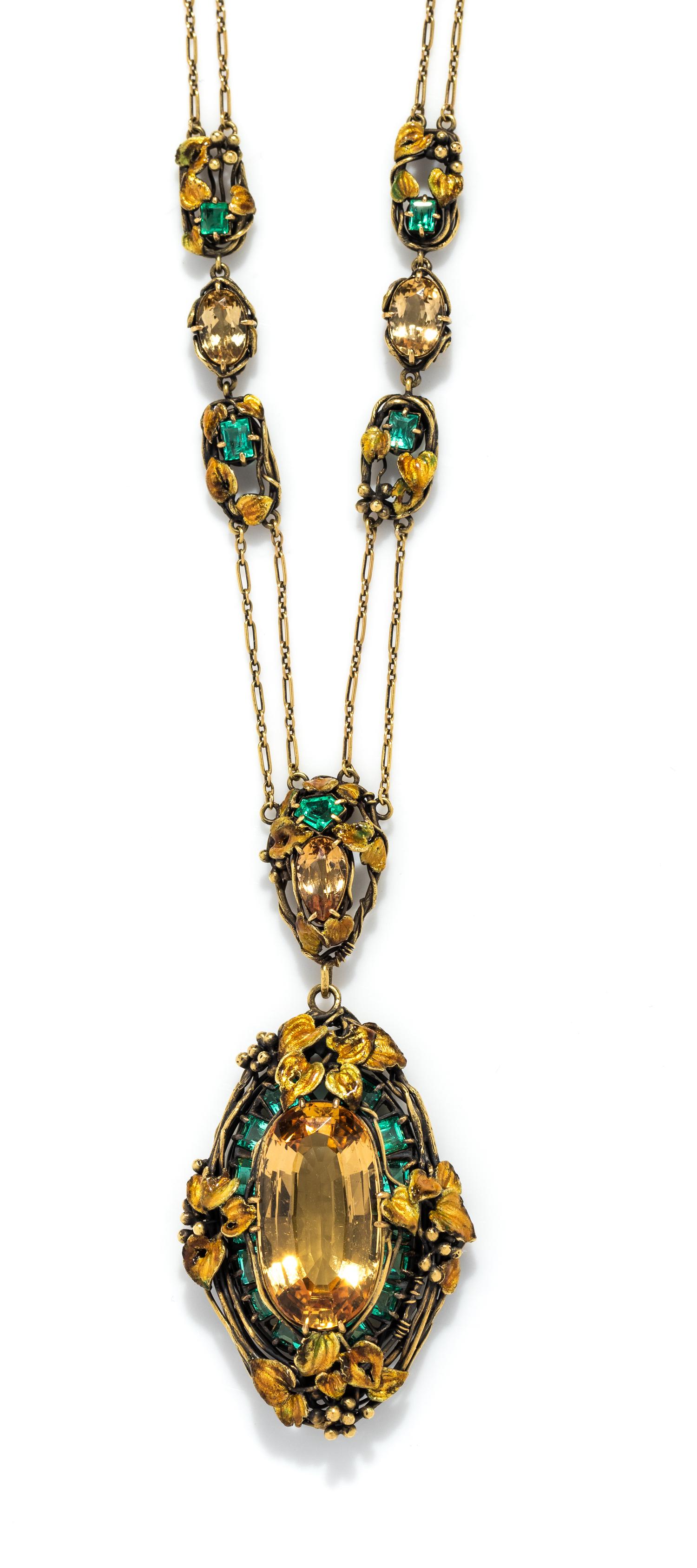 TIFFANY & CO., LOUIS COMFORT TIFFANY, ART NOUVEAU, TOPAZ, EMERALD AND POLYCHROME ENAMEL NECKLACE