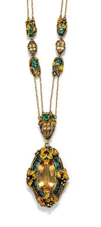 TIFFANY & CO., LOUIS COMFORT TIFFANY, ART NOUVEAU, TOPAZ, EMERALD AND POLYCHROME ENAMEL NECKLACE