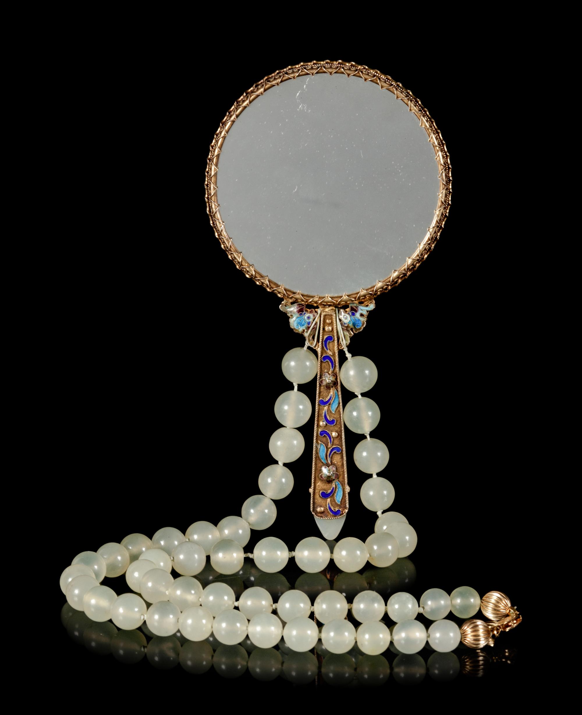 A Chinese Silver and Serpentine Inset Blue Enamel Metal Hand Mirror
