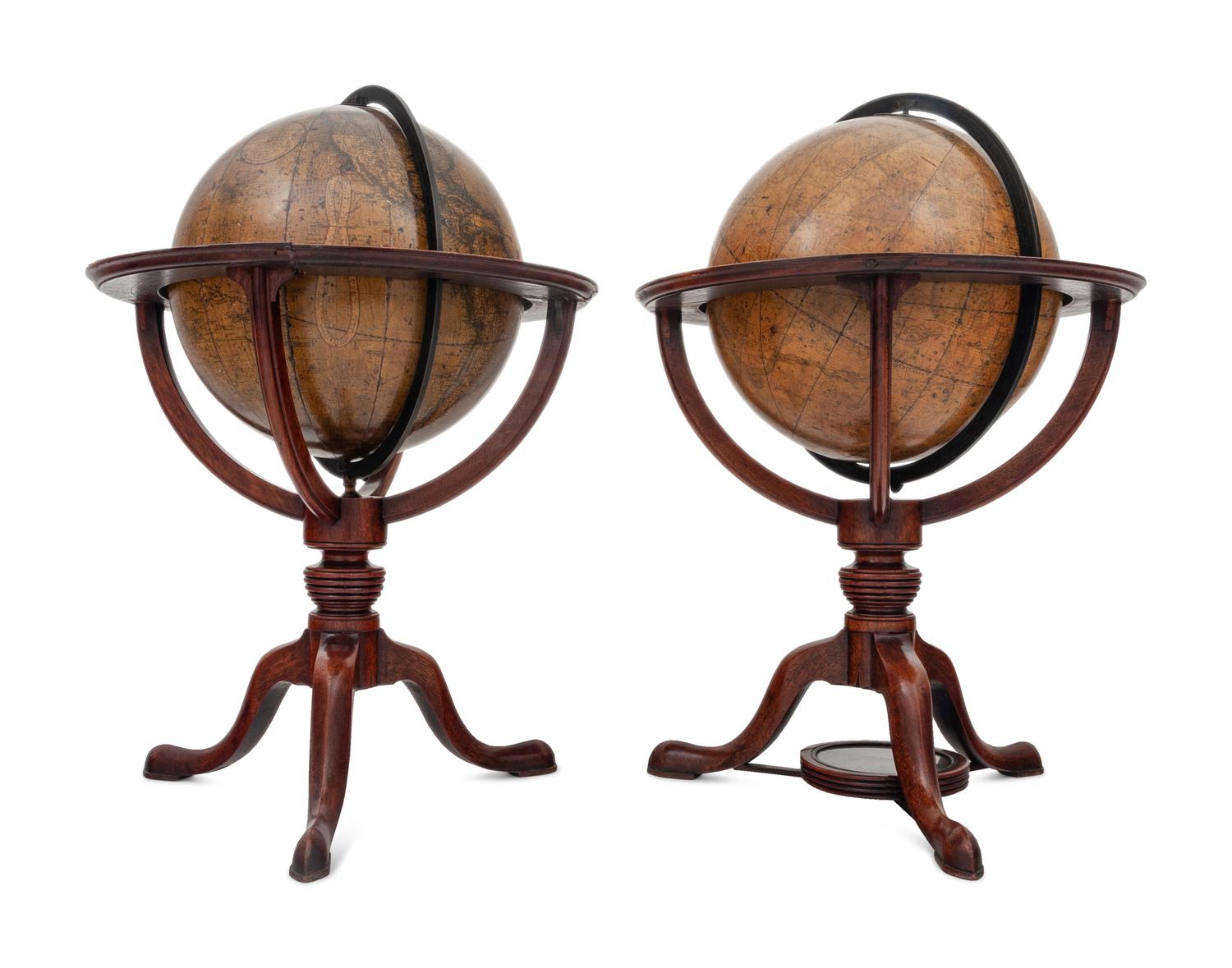 An Associated Pair of Regency Twelve-Inch Terrestrial and Celestial Library Globes