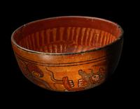 A Maya Polychrome Terracotta Bowl with Xibalba Gods and Glyphs