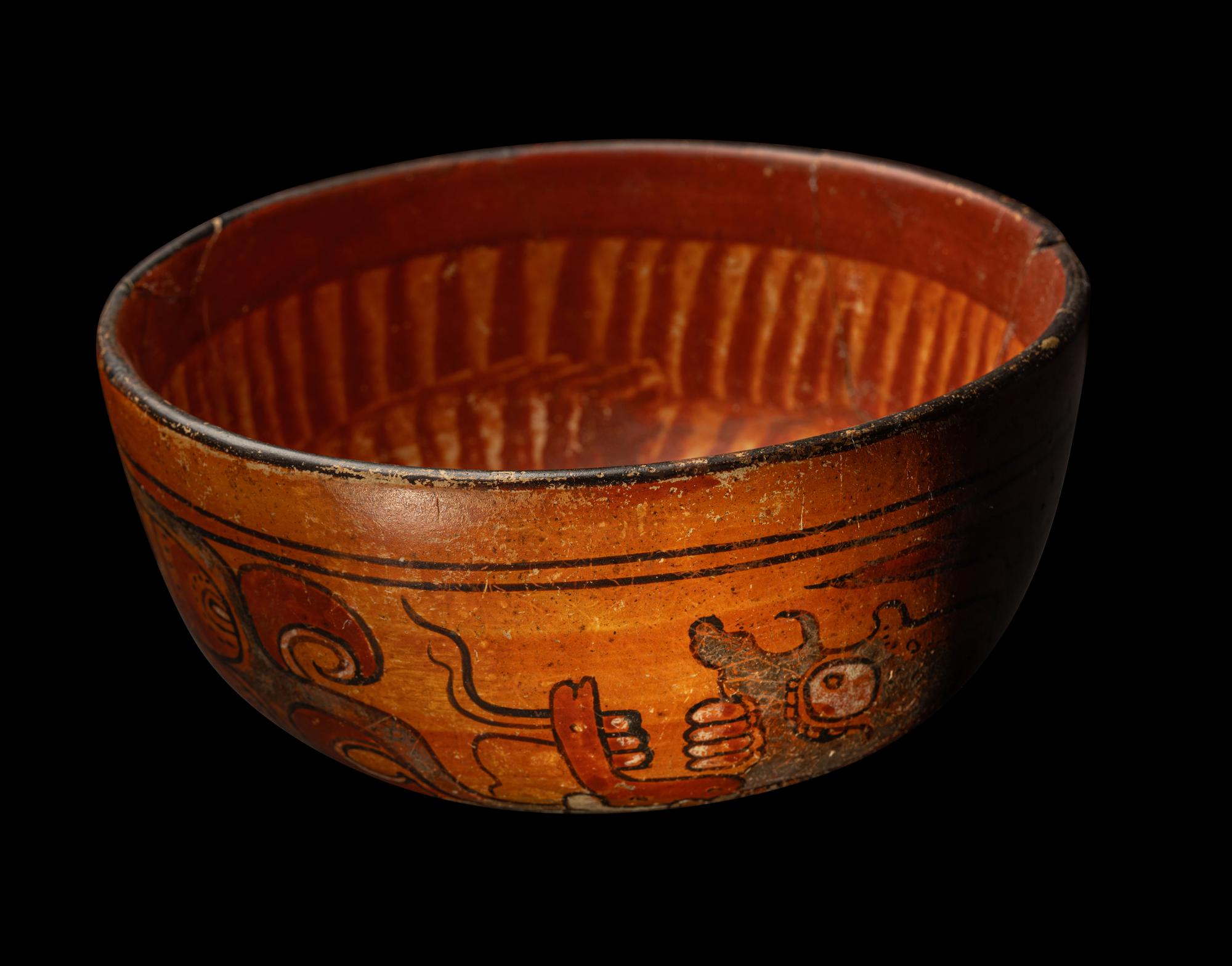 A Maya Polychrome Terracotta Bowl with Xibalba Gods and Glyphs