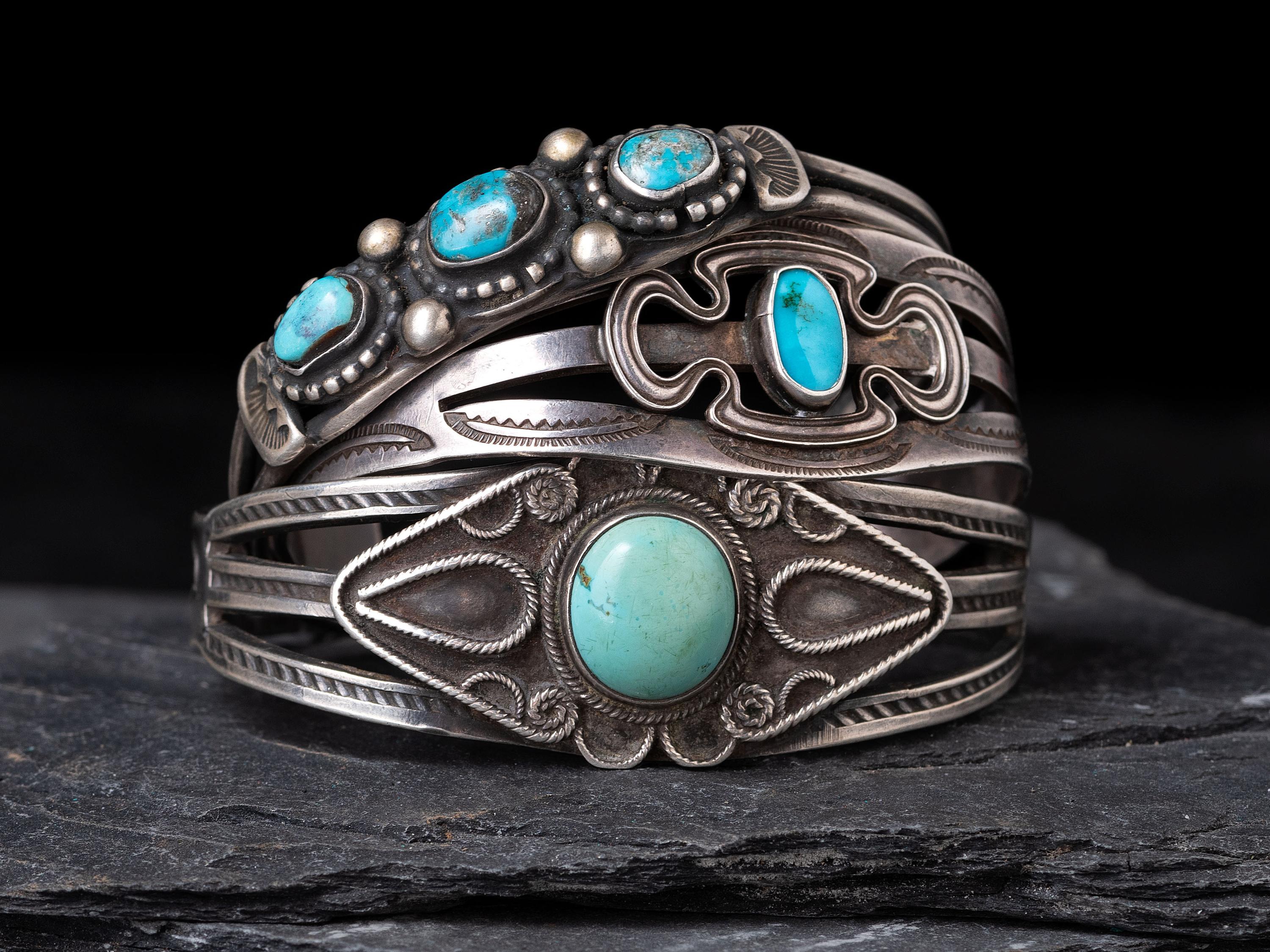 Navajo Silver and Turquoise Cuff Bracelets