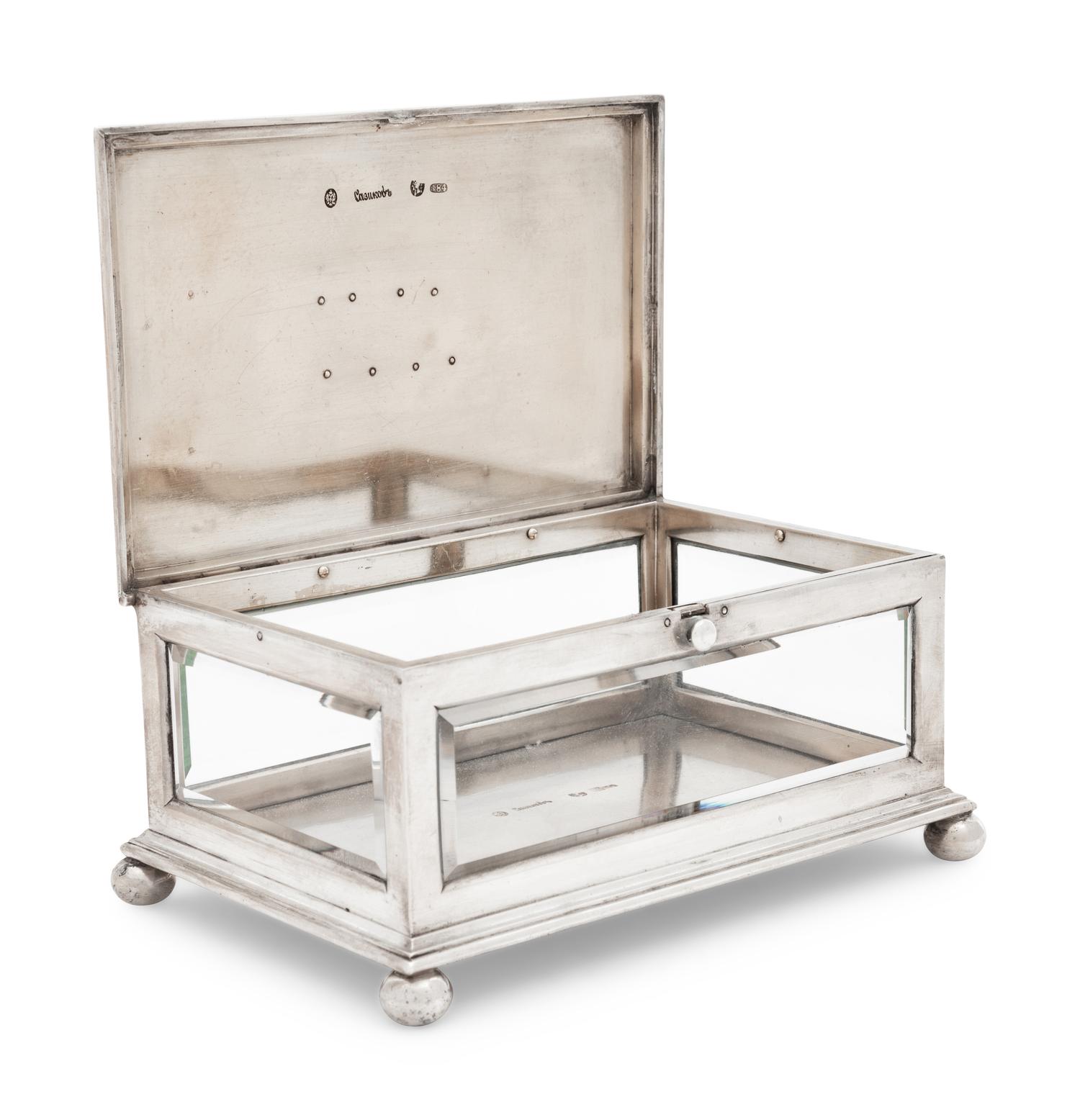 A Russian Silver and Glass-Inset Presentation Table-Top Cigarette Box
