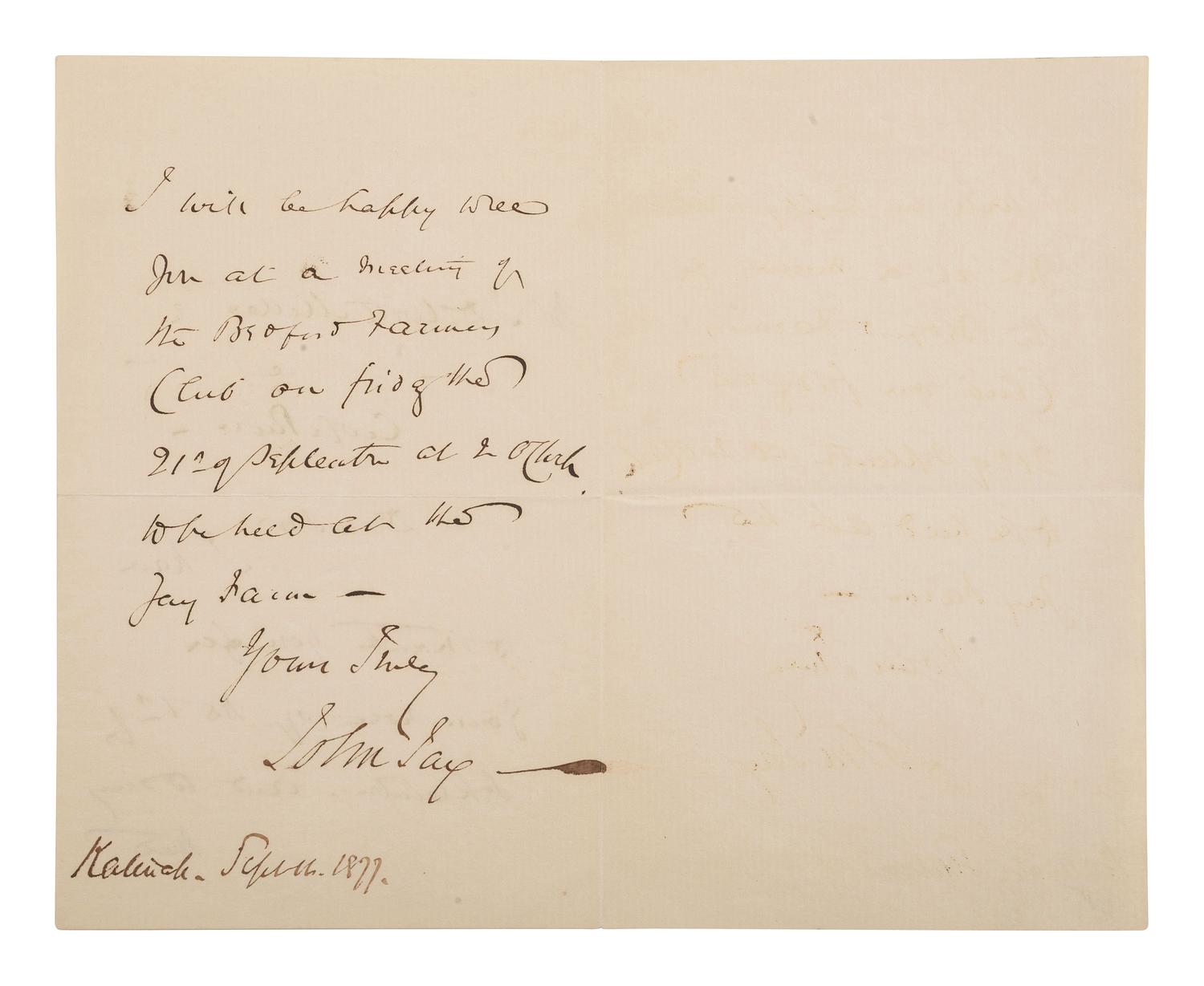 [ABOLITIONISTS]. JAY, John II (1817-1894). ALS ("John Jay"), to J. Dewitt Miller. 1877.