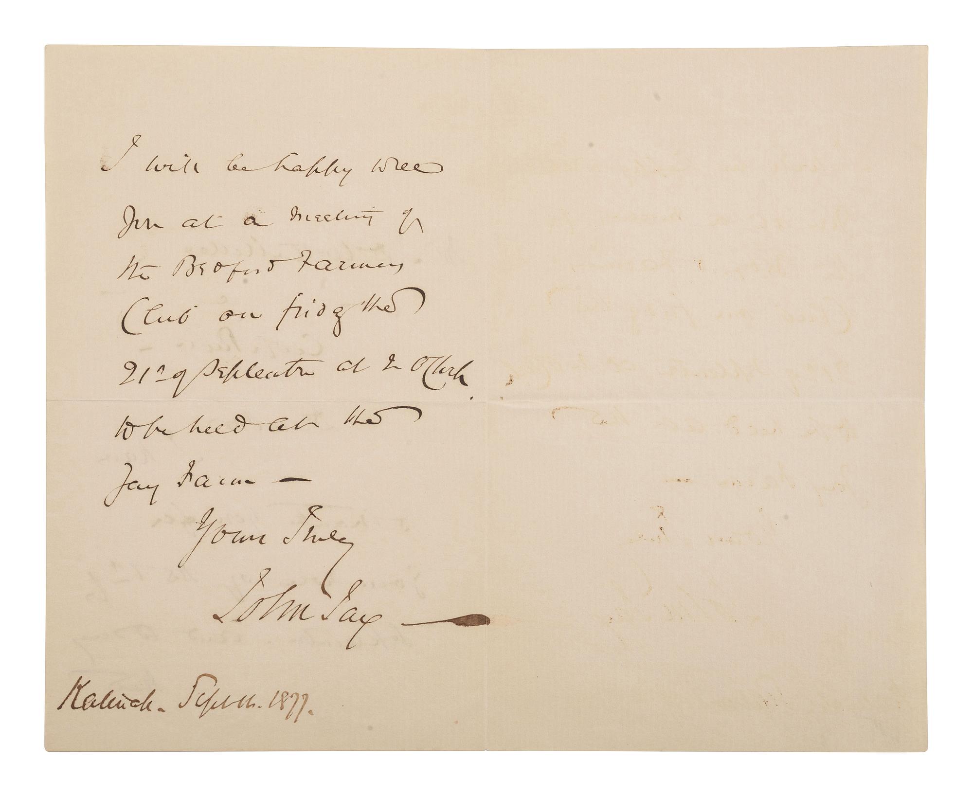 [ABOLITIONISTS]. JAY, John II (1817-1894). ALS ("John Jay"), to J. Dewitt Miller. 1877.