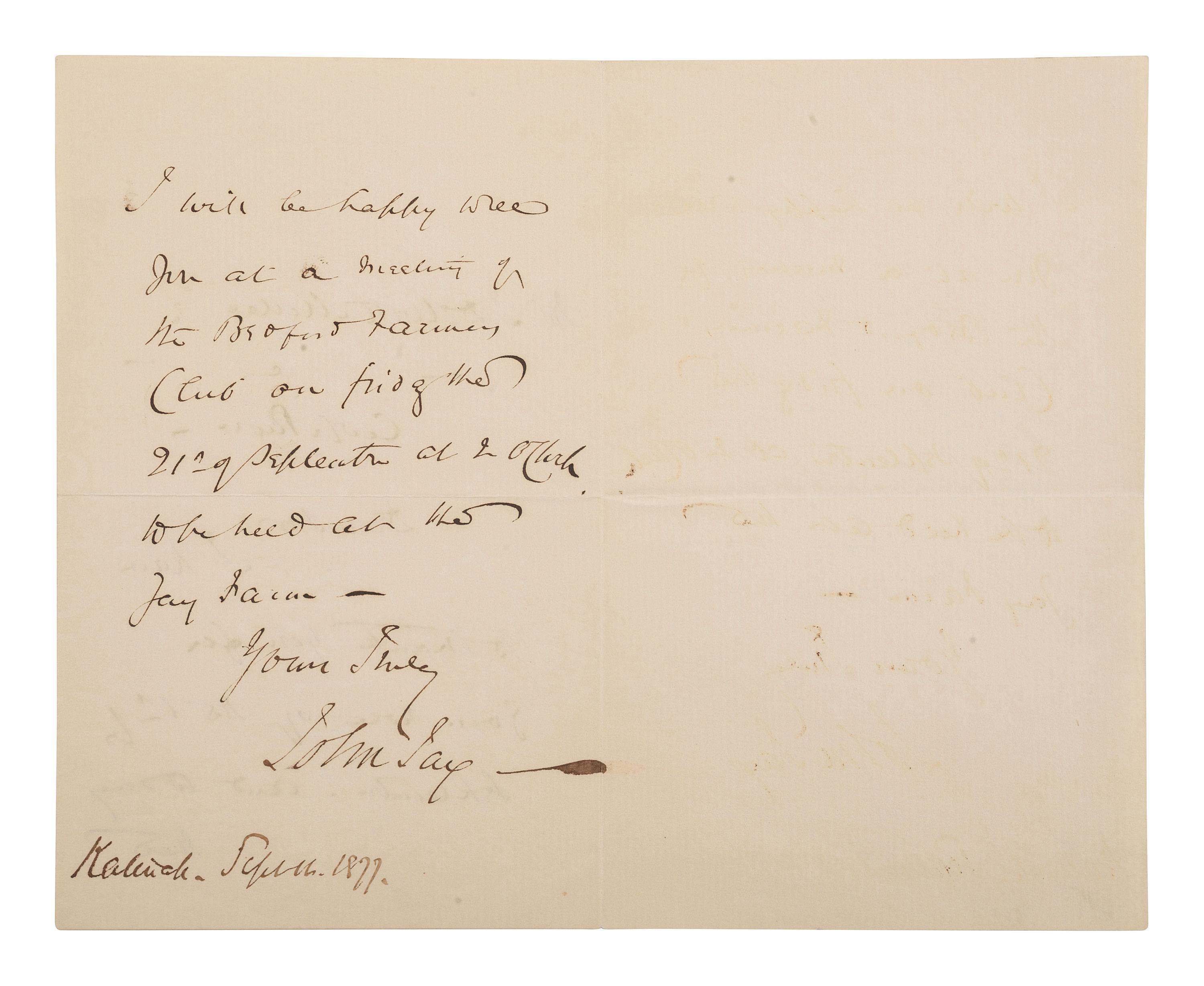 [ABOLITIONISTS]. JAY, John II (1817-1894). ALS ("John Jay"), to J. Dewitt Miller. 1877.