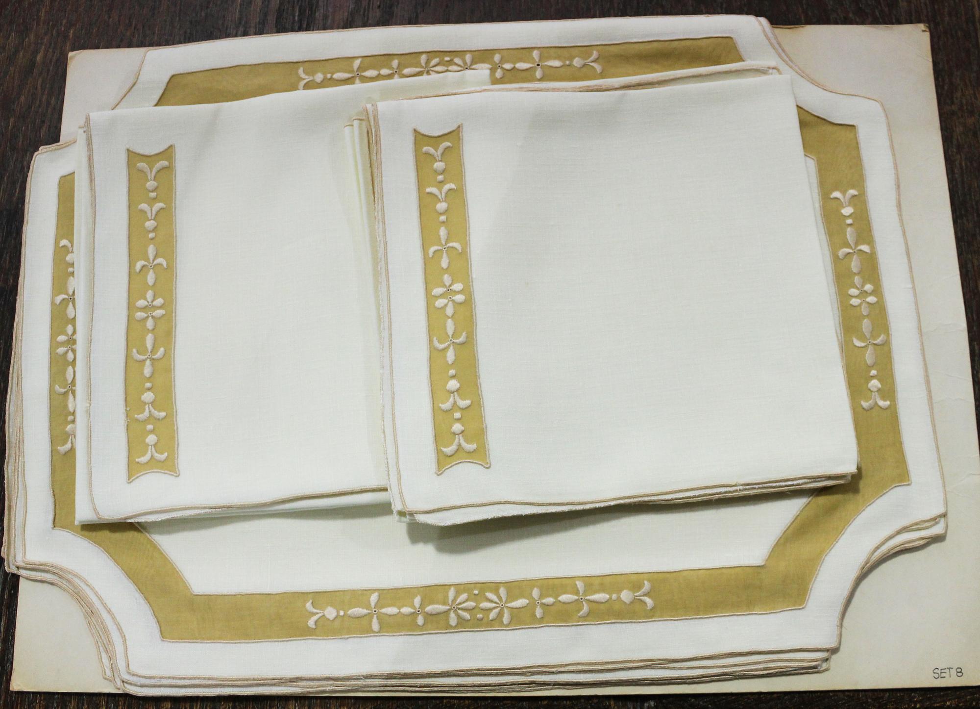 Three Sets of Constance Leiter Hand Embroidered Table Linens Height 68 x width 108 inches.