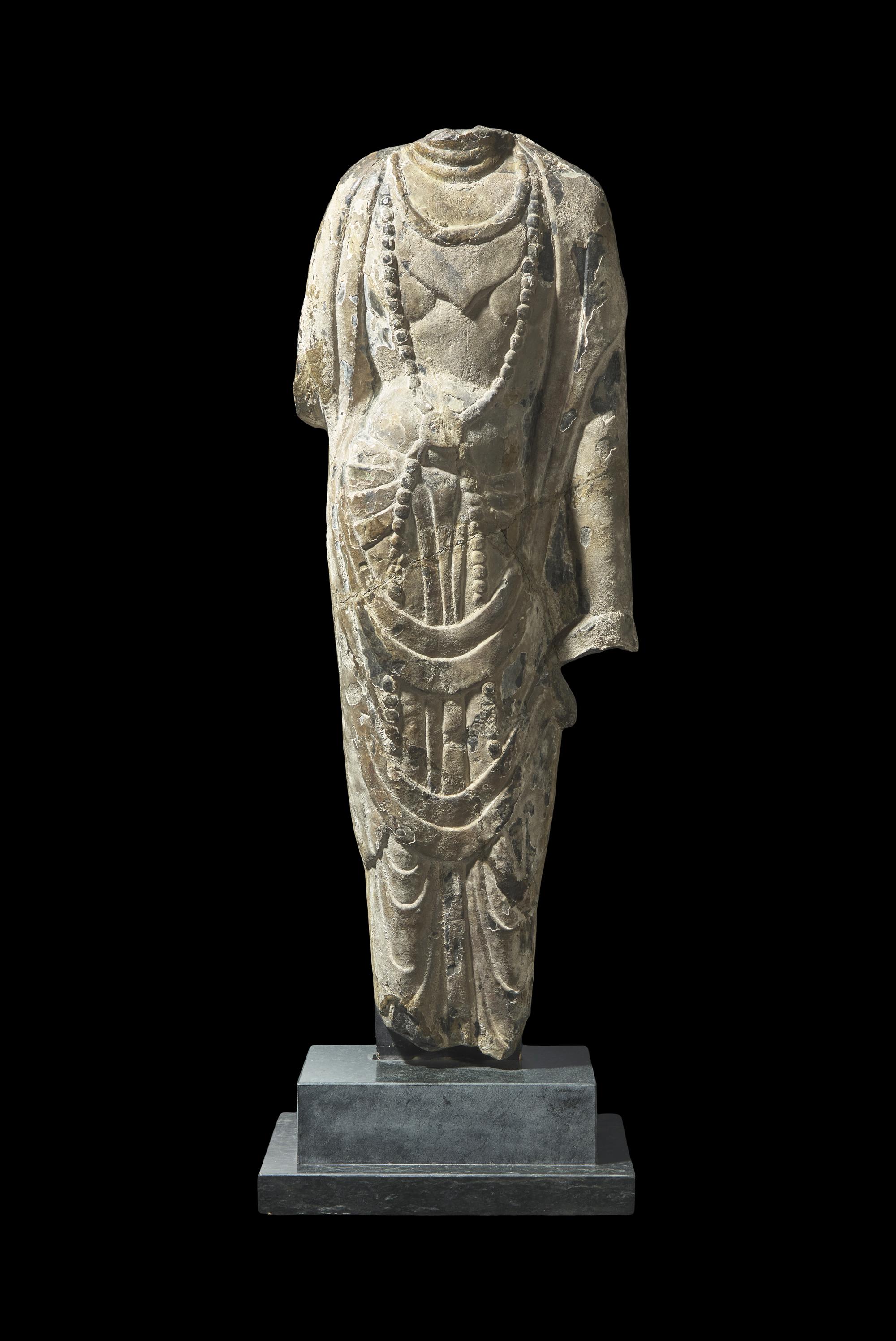 A Chinese Carved Stone Torso Relief of a Bodhisattva, Possibly Tang Dynasty 或為唐 石雕菩薩造像
