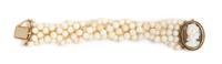 A Yellow Gold, Shell Cameo and White Coral Multistrand Bracelet,