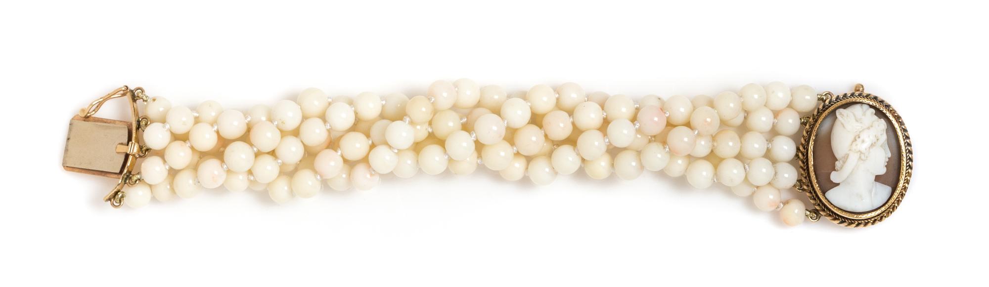 A Yellow Gold, Shell Cameo and White Coral Multistrand Bracelet,