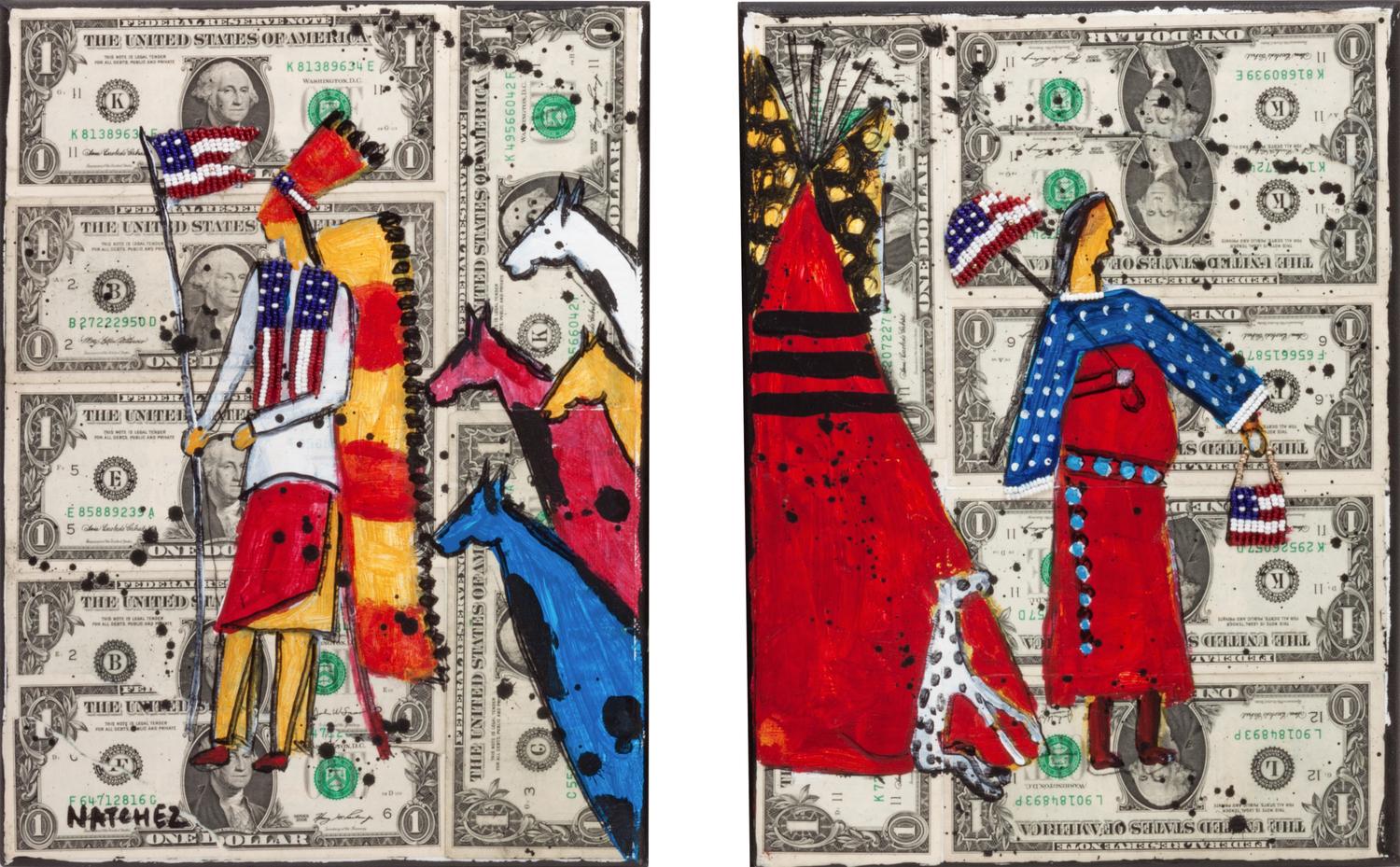 Pair of Two Indian Chiefs with Flag