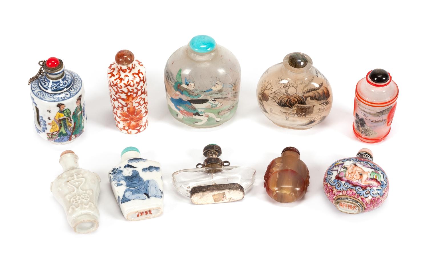 Ten Chinese Snuff Bottles Height of tallest 3 inches.