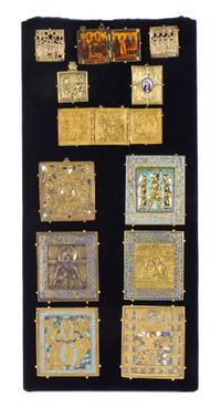Ten Russian Polychrome Enameled Bronze Icons, 19TH CENTURY AND EARLIER, Height of panel 24 x width 11 1/4 inches. — 19TH CENTURY AND EARLIER