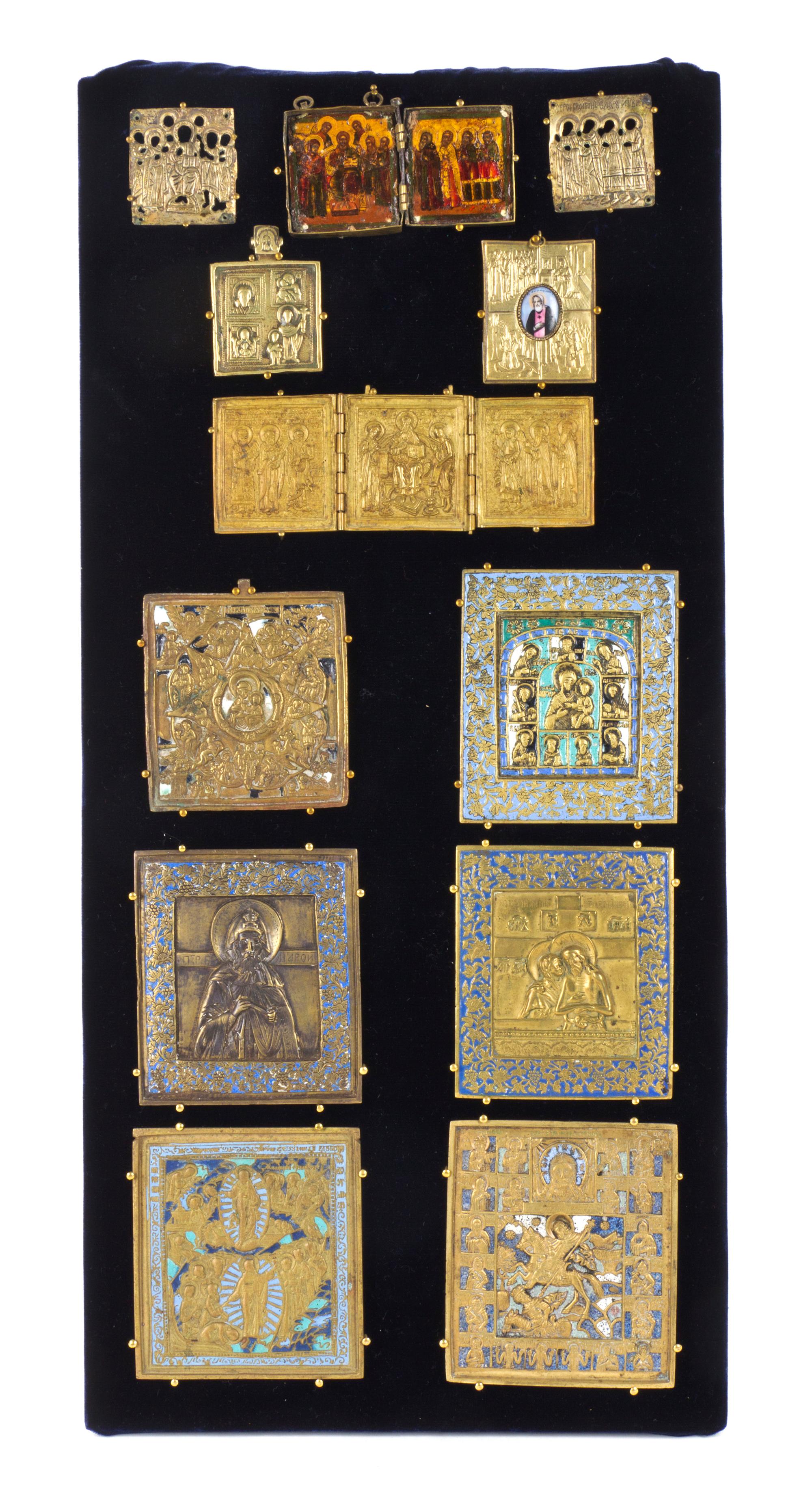Ten Russian Polychrome Enameled Bronze Icons, 19TH CENTURY AND EARLIER, Height of panel 24 x width 11 1/4 inches. — 19TH CENTURY AND EARLIER