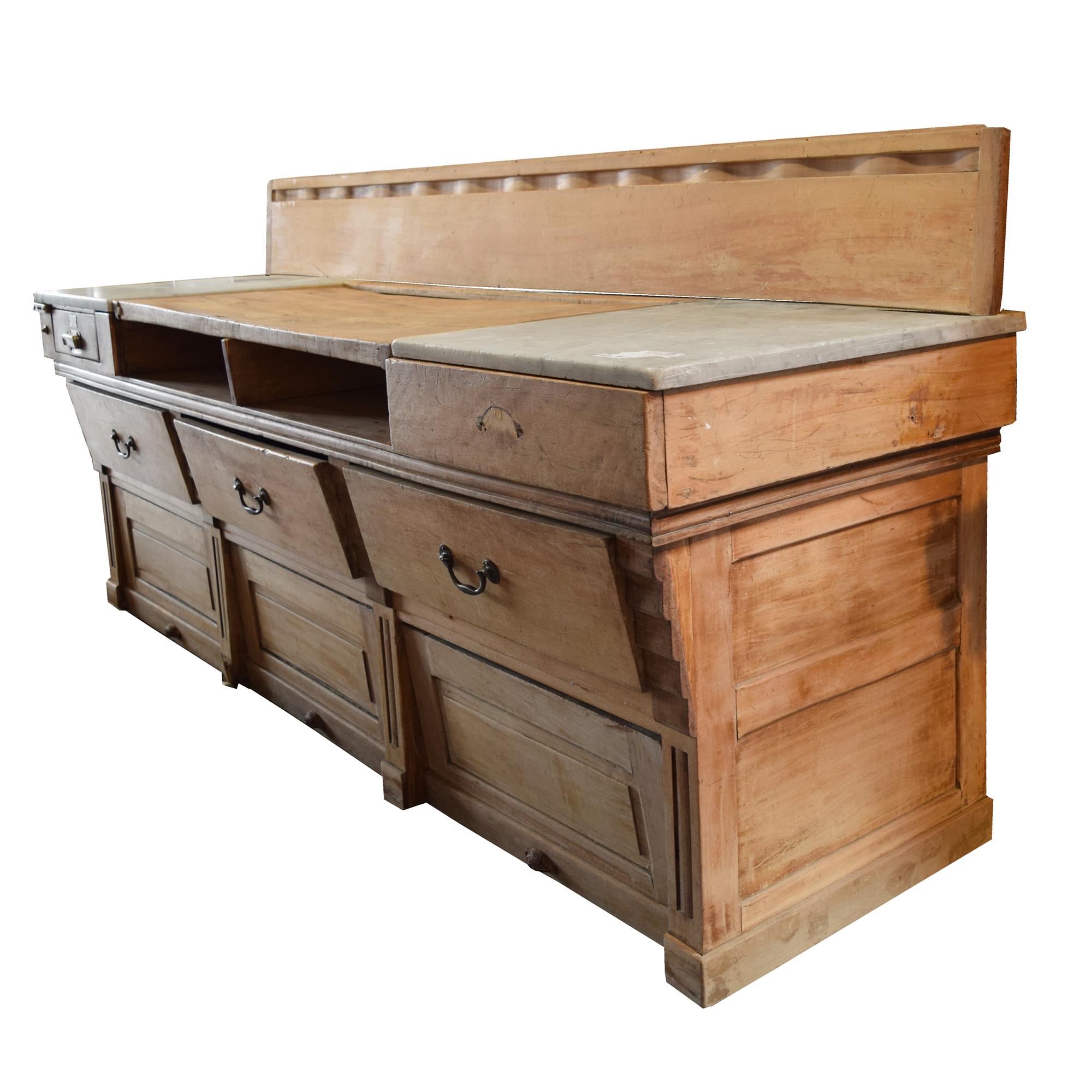 A Wood and Marble Butcher Counter 99" W x 29.5" D x 46" H — France, Early 20th Century