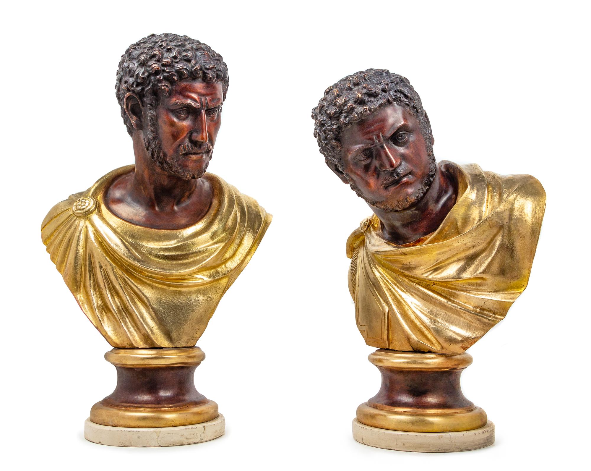 A Pair of Continental Bronze Busts of Roman Officials Height of taller 27 1/2 inches. — AFTER THE ANTIQUE, 19TH CENTURY