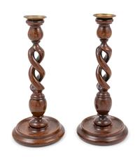 A Pair of English Turned Oak Candlesticks