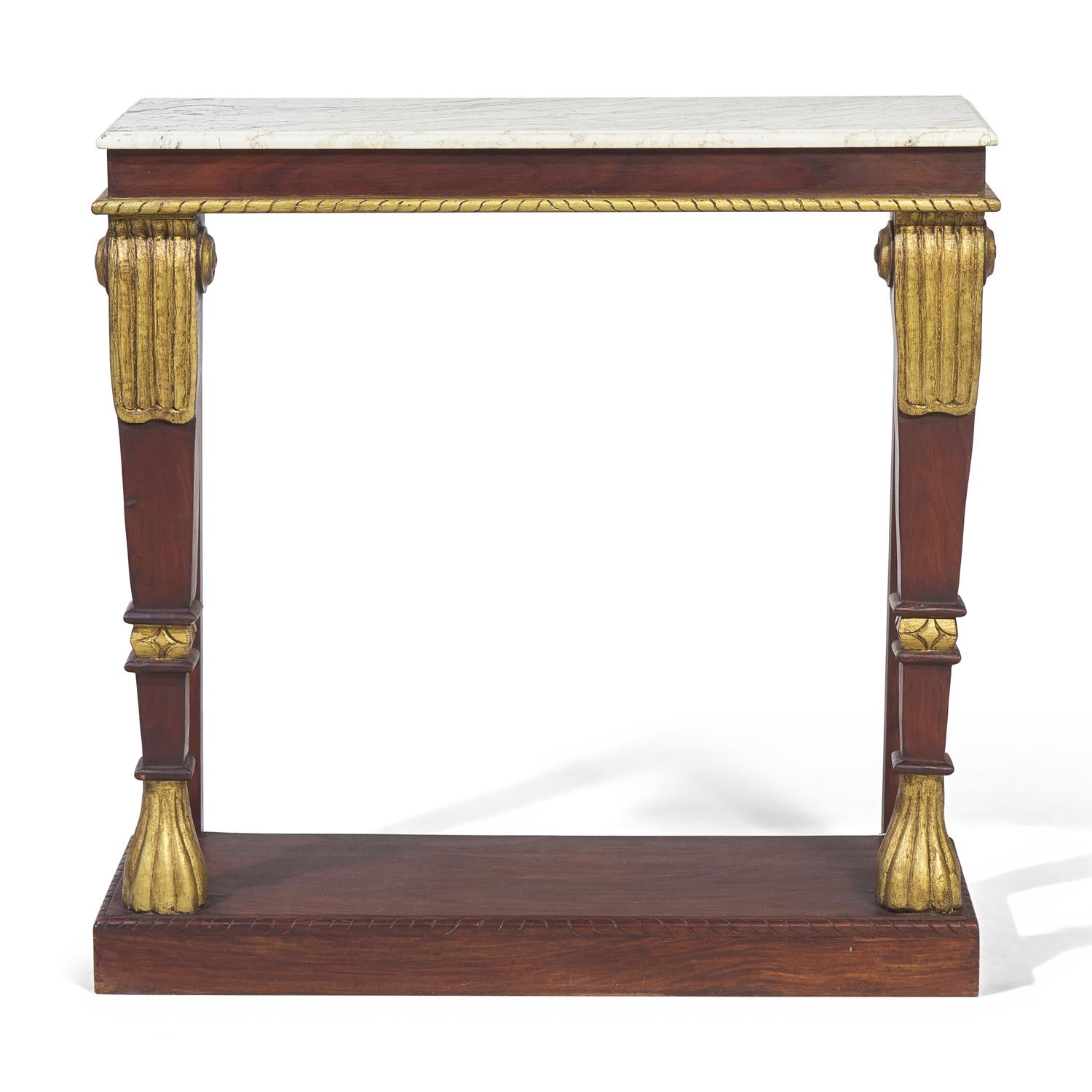 An English Mahogany, Parcel-Gilt and Marble-Top Console Table