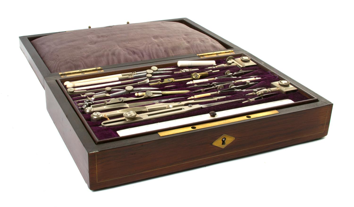 An English Cased Drafting Set, Width 11 inches.