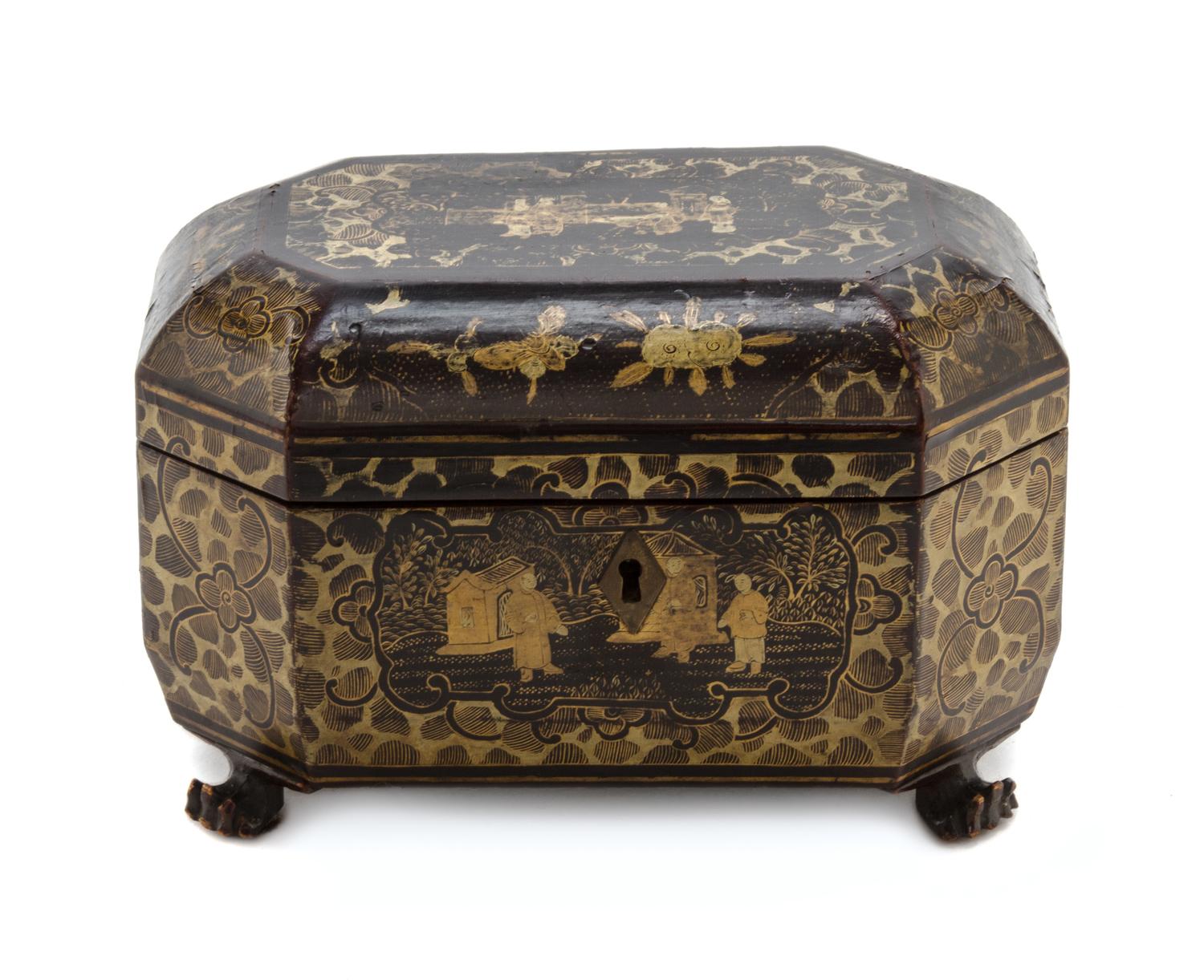 A Regency Lacquered Tea Caddy, SECOND QUARTER 19TH CENTURY, Width 8 inches. — SECOND QUARTER 19TH CENTURY,