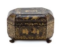 A Regency Lacquered Tea Caddy, SECOND QUARTER 19TH CENTURY, Width 8 inches. — SECOND QUARTER 19TH CENTURY,