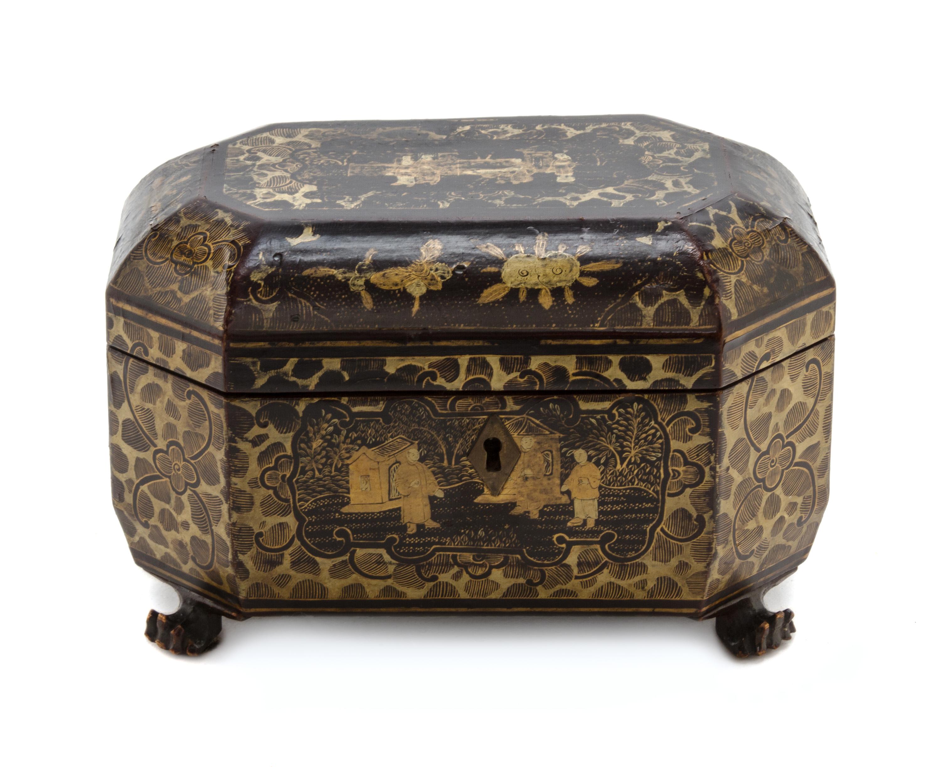 A Regency Lacquered Tea Caddy, SECOND QUARTER 19TH CENTURY, Width 8 inches. — SECOND QUARTER 19TH CENTURY,
