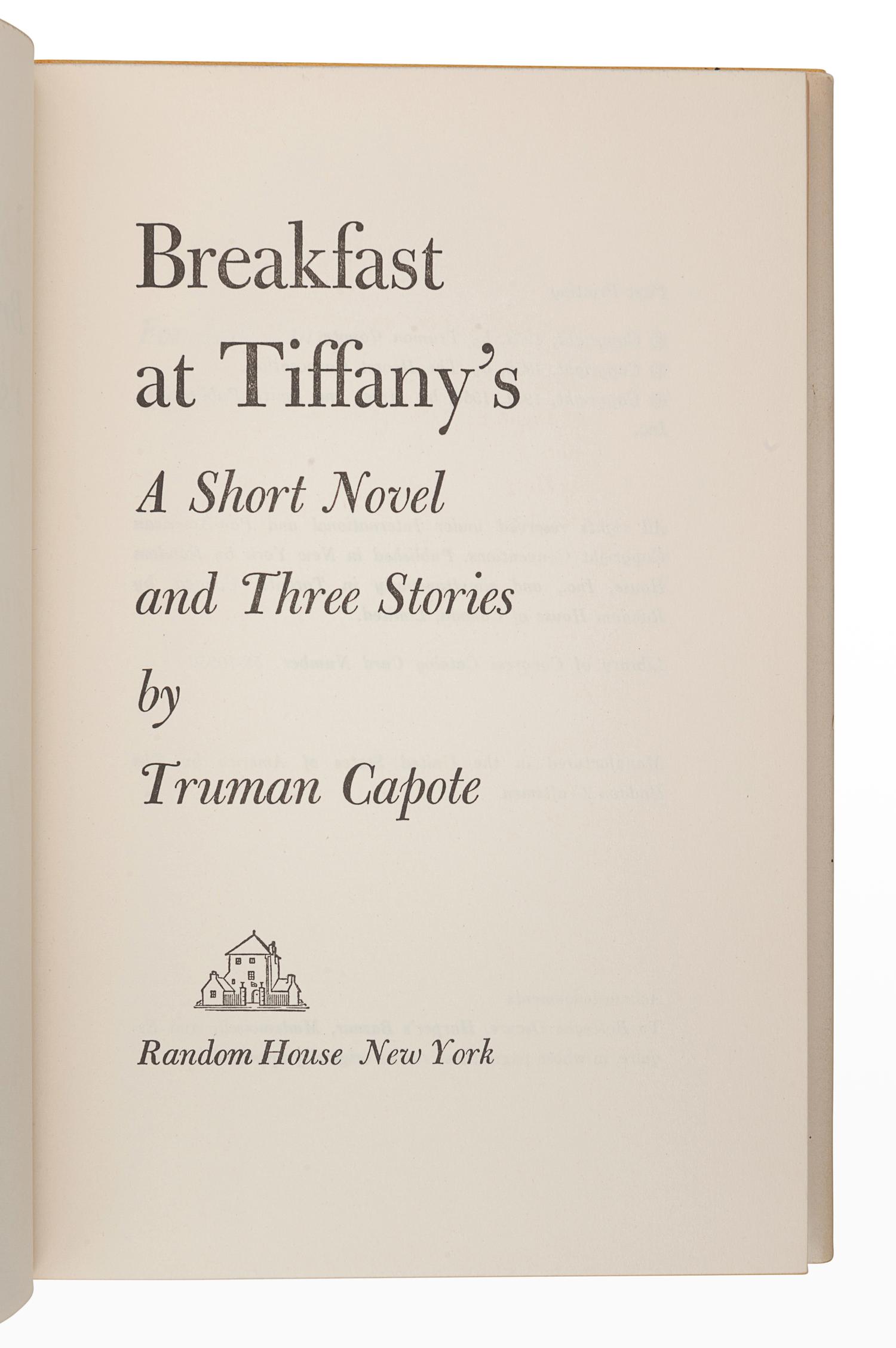CAPOTE, Truman (1924-1984). Breakfast at Tiffany's . New York: Random House, 1958.