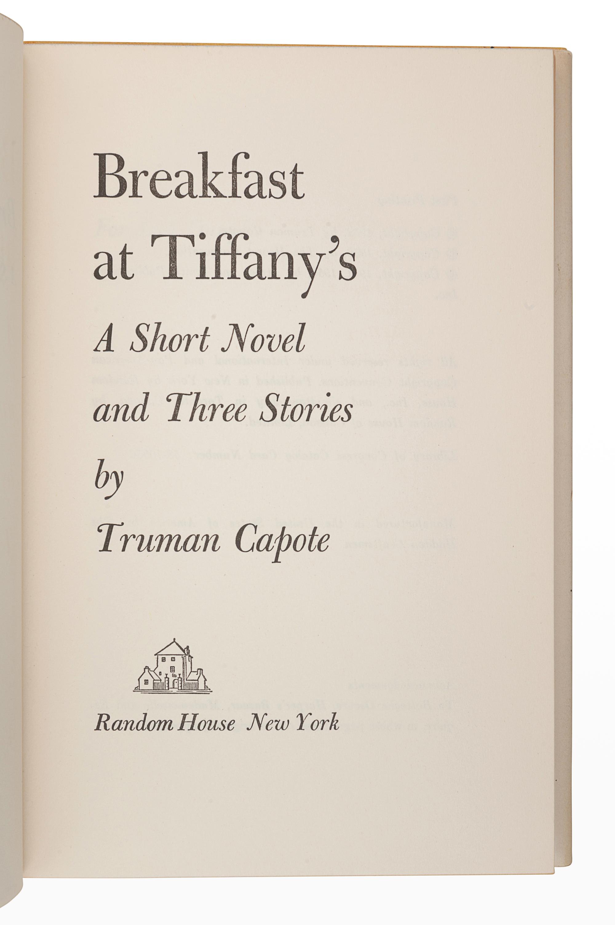 CAPOTE, Truman (1924-1984). Breakfast at Tiffany's . New York: Random House, 1958.
