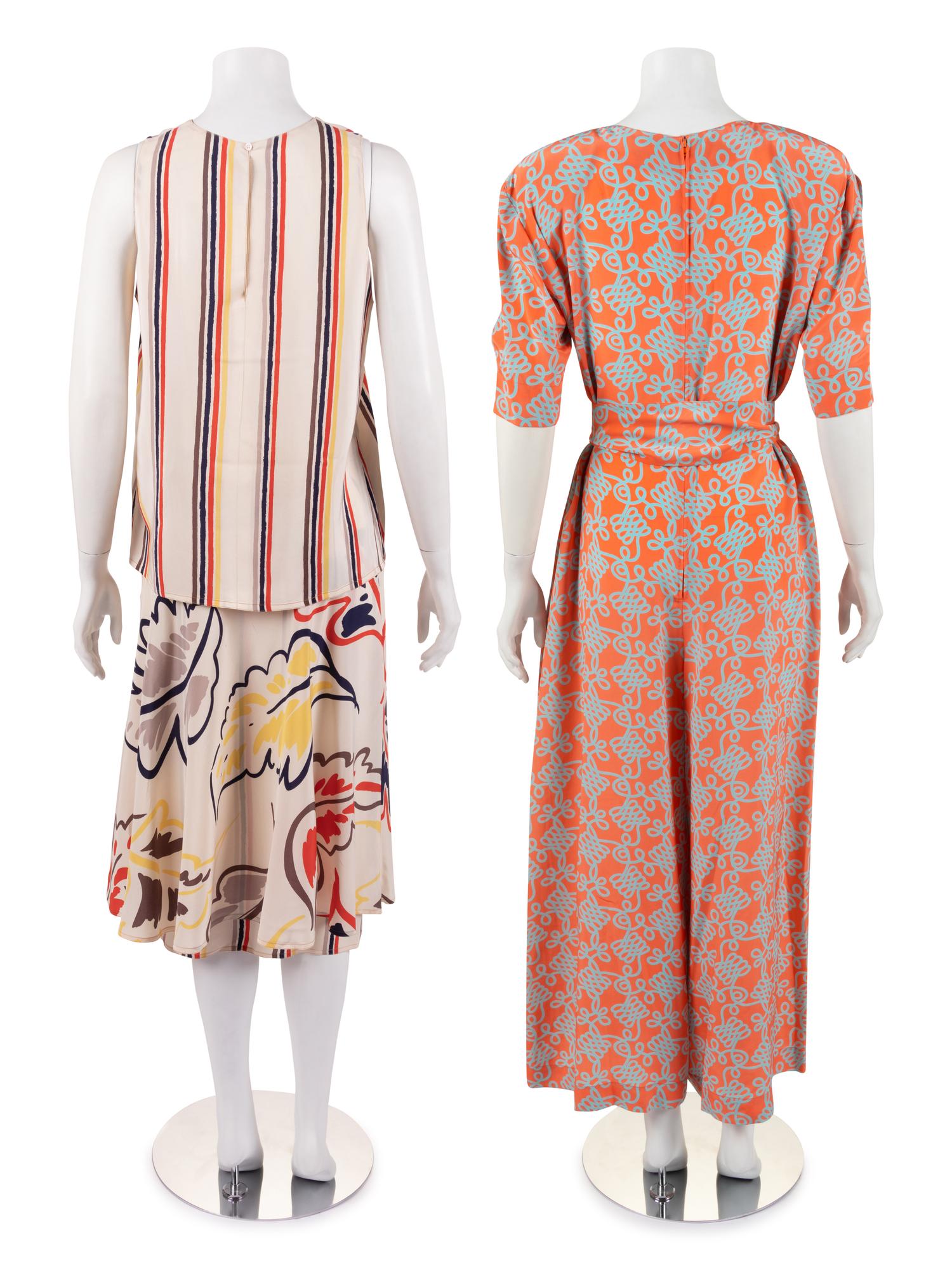 Two Designer Ensembles: One Jean Muir Belted Jumpsuit and One Chloé Skirt Ensemble, 1980s