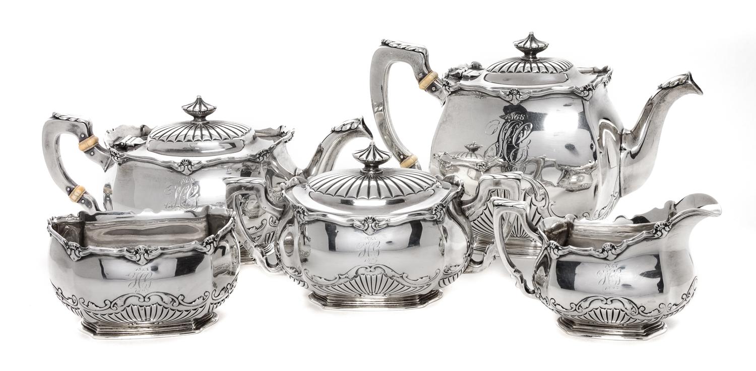 An American Five-Piece Silver Tea Service, Gorham Mfg. Co., Providence, RI, comprising teapot, coffee pot, creamer, sugar and waste bow