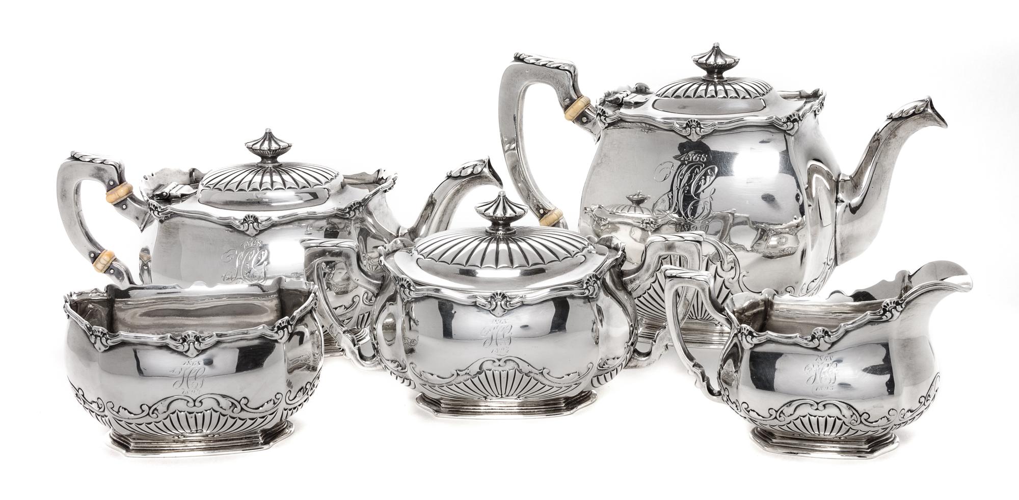 An American Five-Piece Silver Tea Service, Gorham Mfg. Co., Providence, RI, comprising teapot, coffee pot, creamer, sugar and waste bow