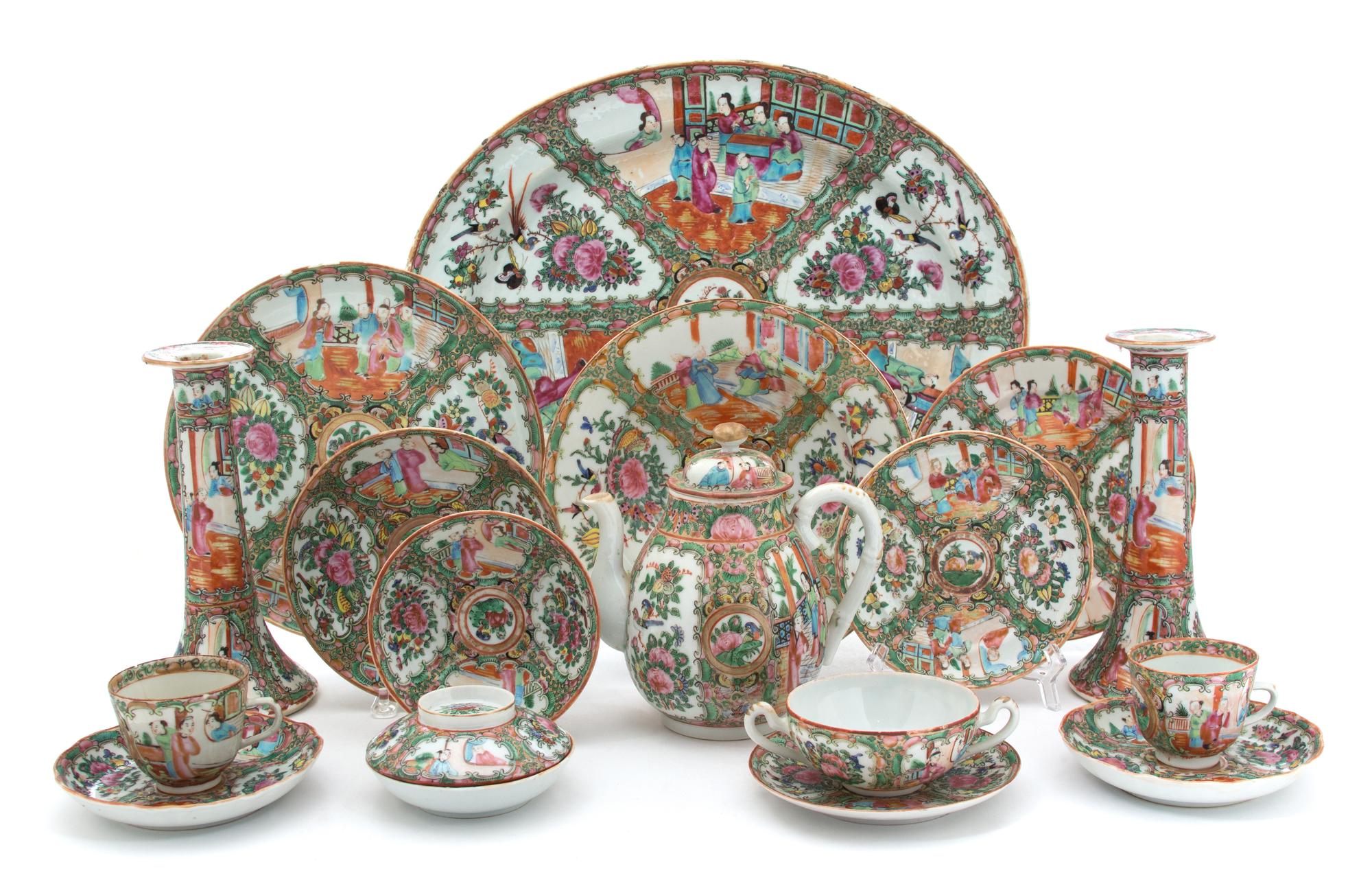 A Large Group of Chinese Rose Medallion Porcelain Length of platter 16 inches.