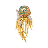 YELLOW GOLD, PLATINUM, DIAMOND AND MULTIGEM BROOCH