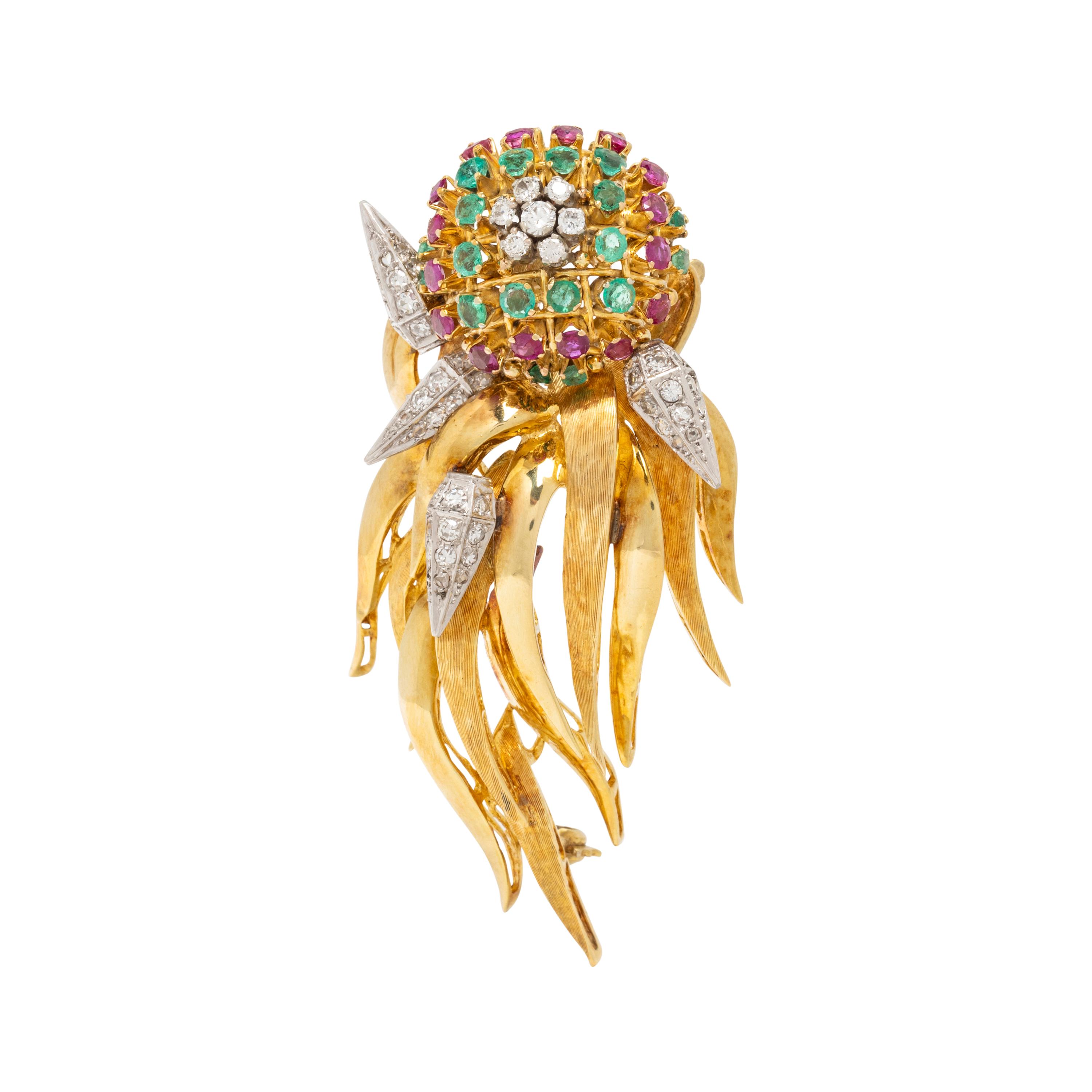 YELLOW GOLD, PLATINUM, DIAMOND AND MULTIGEM BROOCH