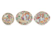 Three Chinese Export Rose Medallion Porcelain Plates