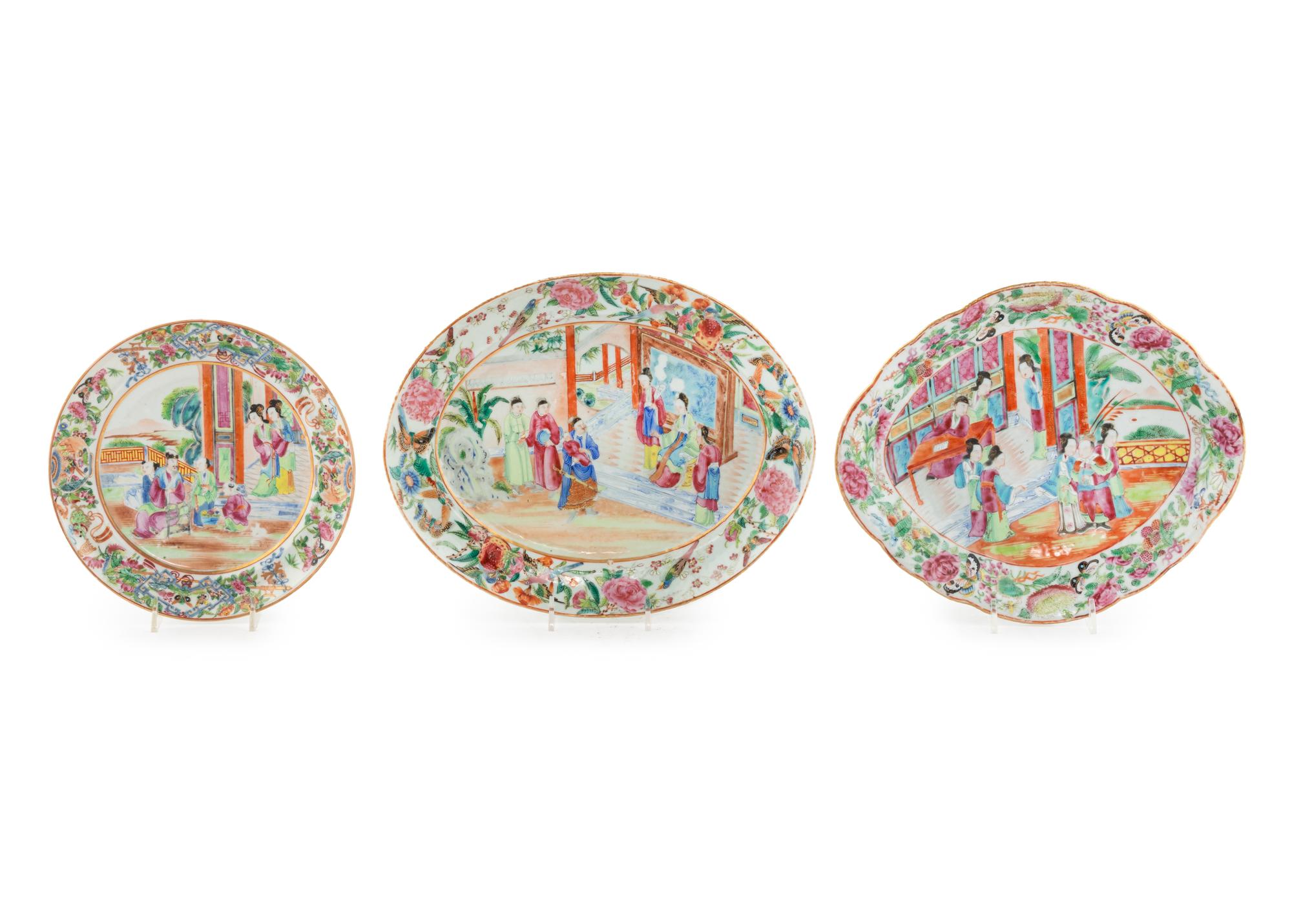 Three Chinese Export Rose Medallion Porcelain Plates