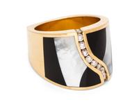 A 14 Karat Yellow Gold, Diamond, Onyx and Mother-of-Pearl Ring,