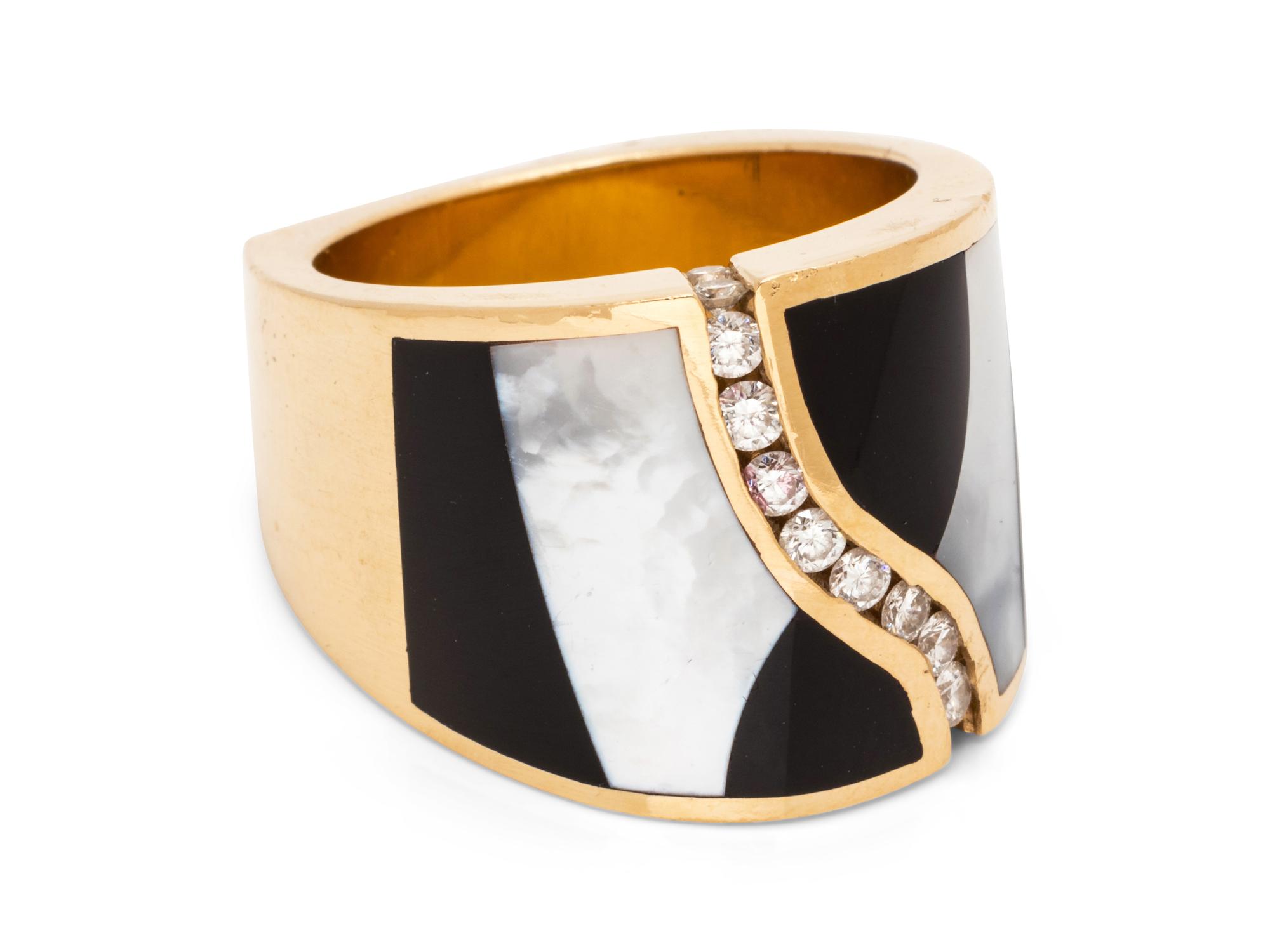 A 14 Karat Yellow Gold, Diamond, Onyx and Mother-of-Pearl Ring,